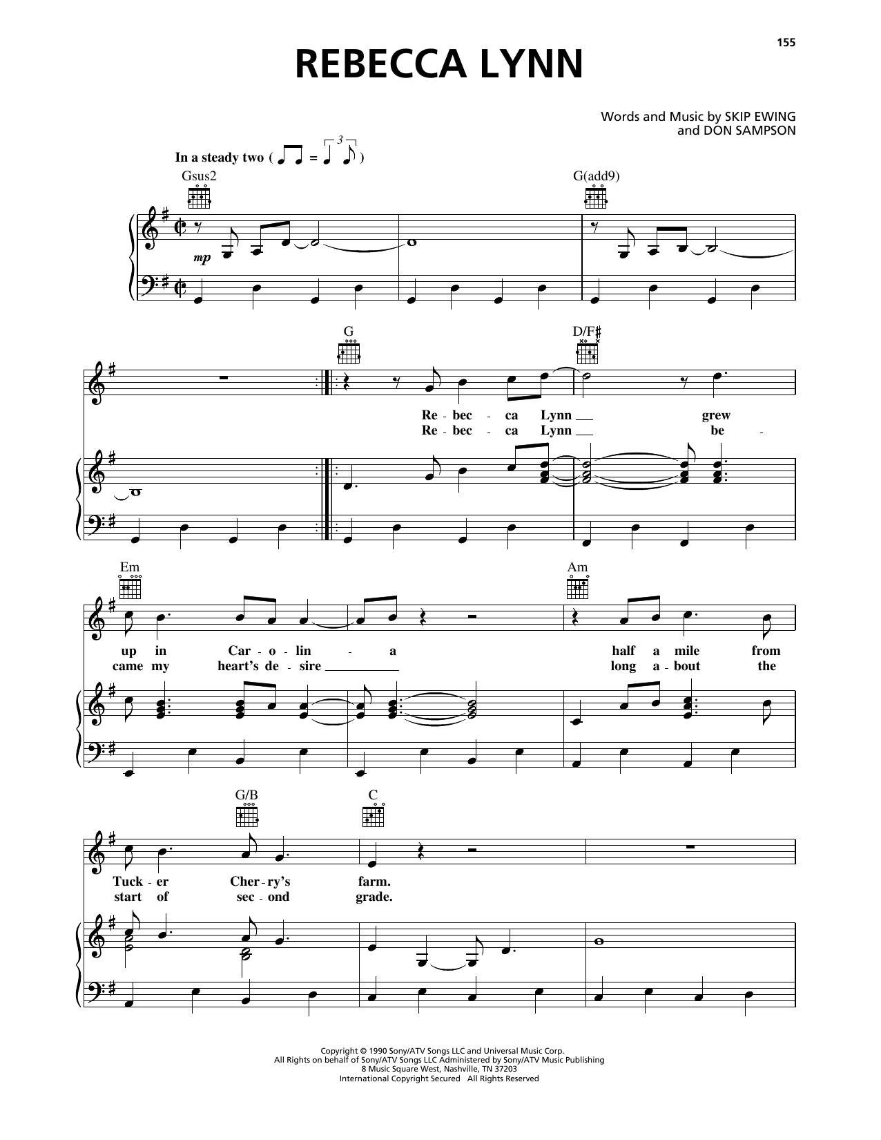 Bryan White Rebecca Lynn Sheet Music Notes & Chords for Piano, Vocal & Guitar Chords (Right-Hand Melody) - Download or Print PDF