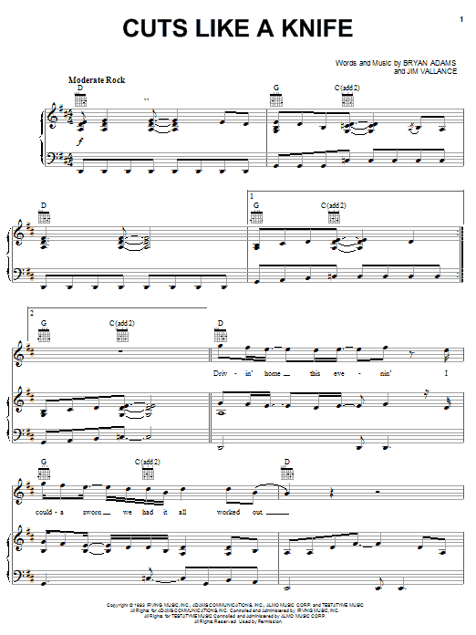 Preview Bryan Adams Cuts Like A Knife Rock sheet music, notes and chords for Easy Piano, SKU: 24280 sheet music, piano notes, chords, guitar tabs, score, transpose, transcribe, how to play, guide, download, learn, tutorial, progression, song, artist, awards, billboard, mtv, vh1, tour, single, album, release