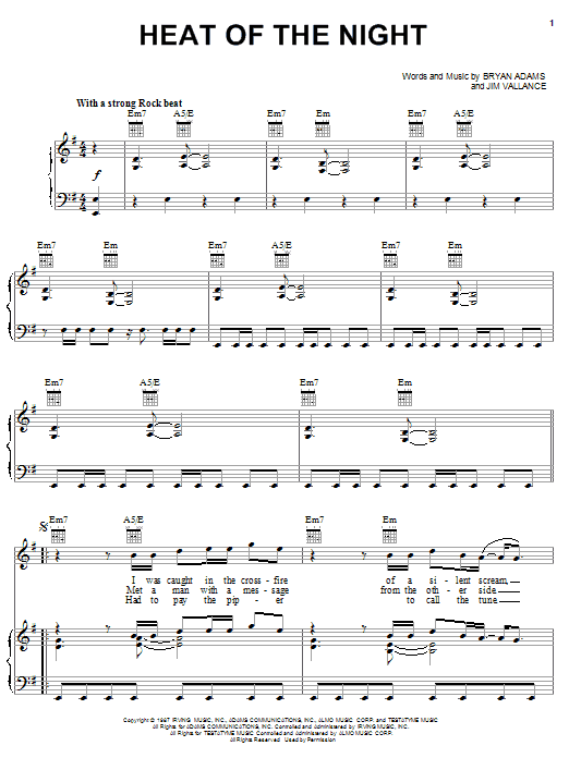 Preview Bryan Adams Heat Of The Night Pop sheet music, notes and chords for Lyrics & Chords, SKU: 81342 Heat Of The Night sheet music