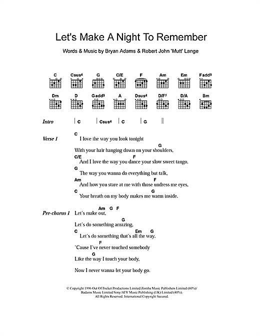 Preview Bryan Adams Let's Make A Night To Remember Rock sheet music, notes and chords for Guitar Tab, SKU: 36447 Let's Make A Night To Remember sheet music