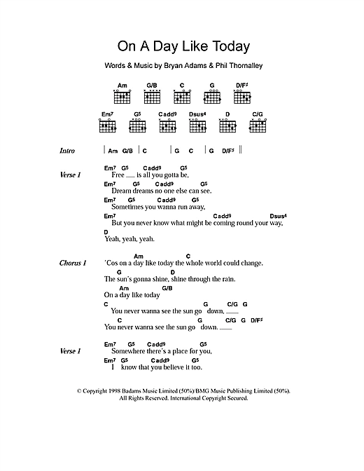 Bryan Adams On A Day Like Today Sheet Music Notes & Chords for Lyrics & Chords - Download or Print PDF
