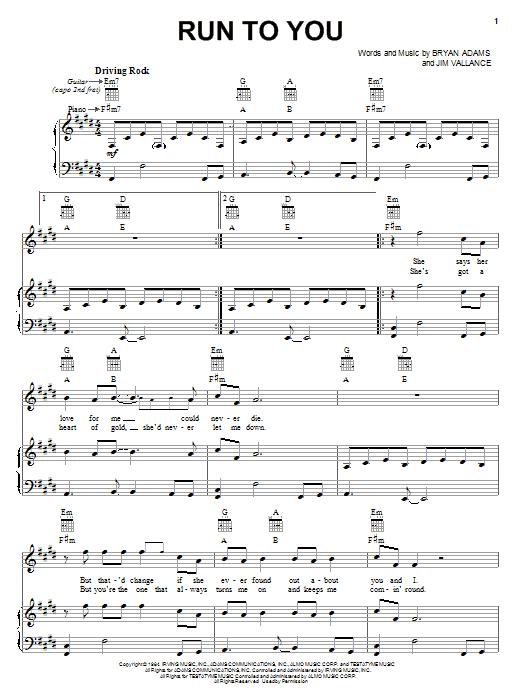 Preview Bryan Adams Run To You Rock sheet music, notes and chords for Easy Piano, SKU: 24279 sheet music, piano notes, chords, guitar tabs, score, transpose, transcribe, how to play, guide, download, learn, tutorial, progression, song, artist, awards, billboard, mtv, vh1, tour, single, album, release