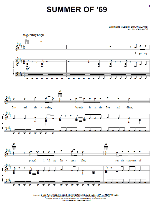 Preview Bryan Adams Summer Of '69 Rock sheet music, notes and chords for Lyrics & Chords, SKU: 48145 Summer Of '69 sheet music