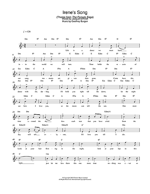 Preview Bryn Terfel Irene's Song (theme from The Forsyte Saga) Classical sheet music, notes and chords for Melody Line, Lyrics & Chords, SKU: 25409 Irene's Song (theme from The Forsyte Saga) sheet music