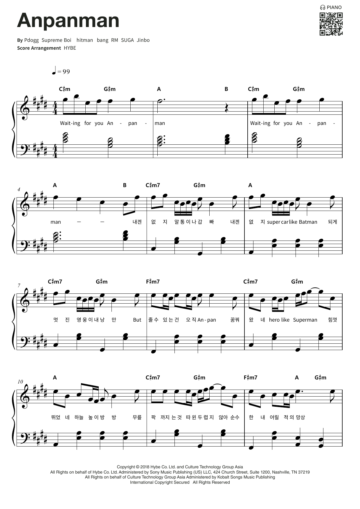 BTS Anpanman Sheet Music Notes & Chords for Piano & Lyrics - Download or Print PDF