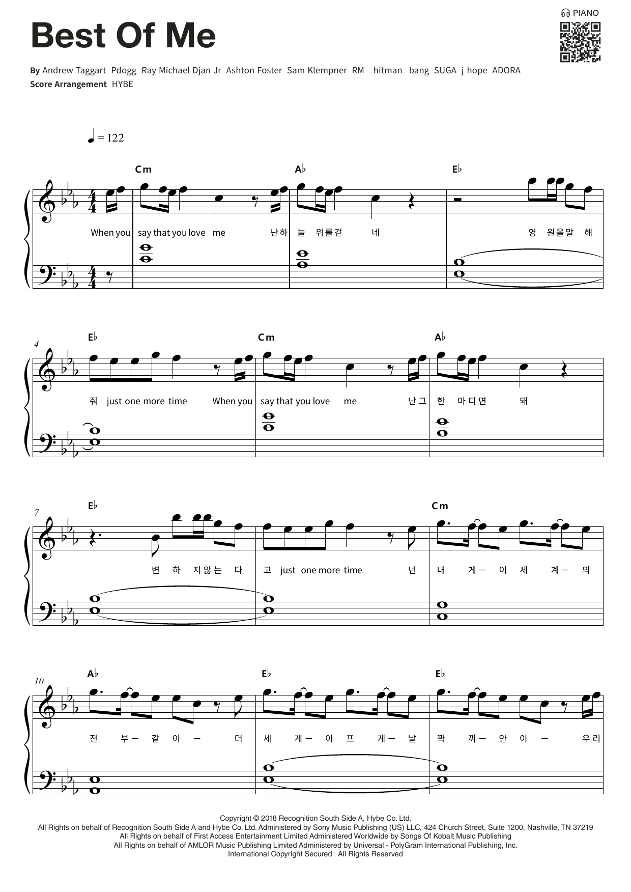 BTS Best Of Me Sheet Music Notes & Chords for Piano & Lyrics - Download or Print PDF