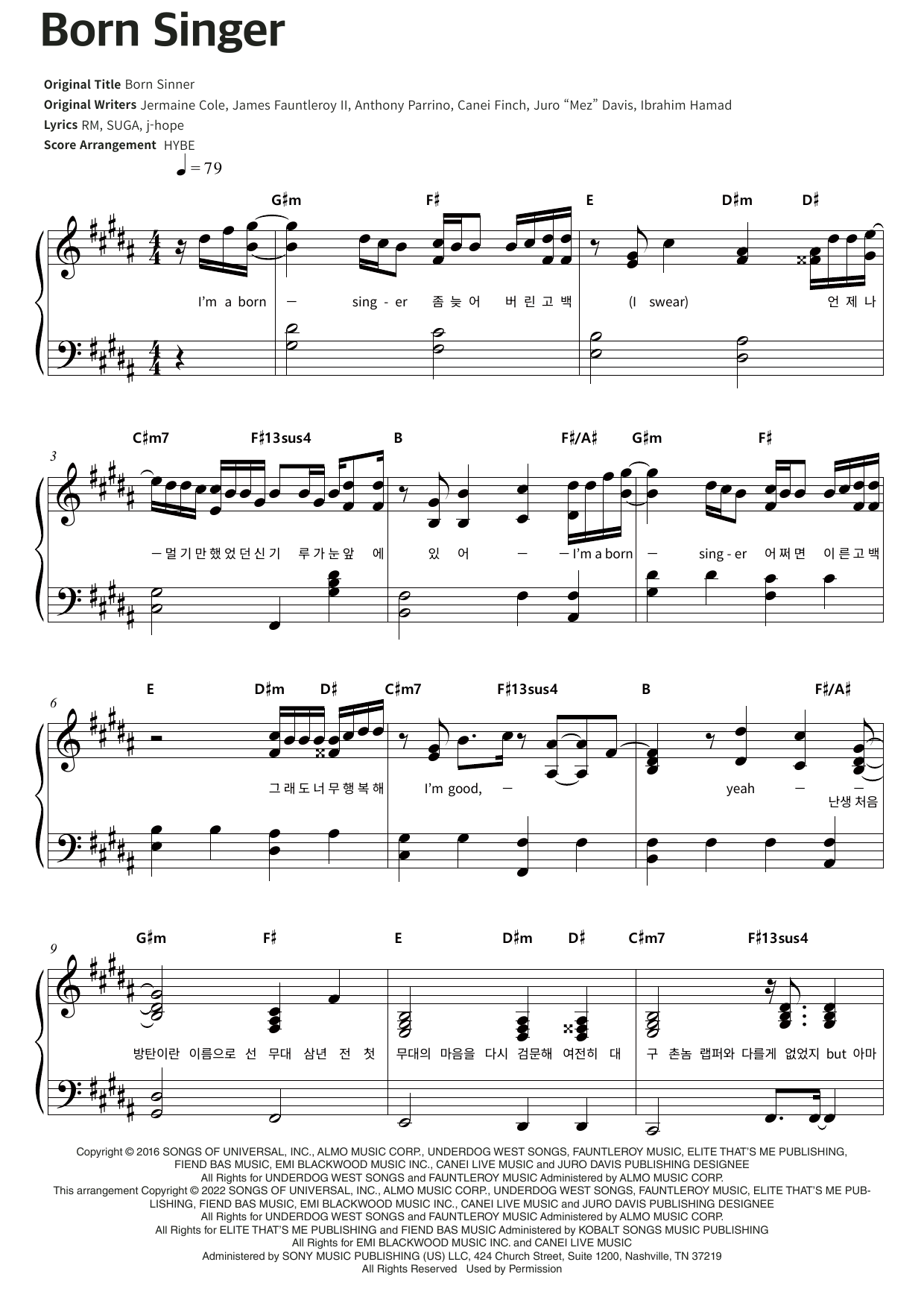 BTS Born Singer Sheet Music Notes & Chords for Piano & Lyrics - Download or Print PDF