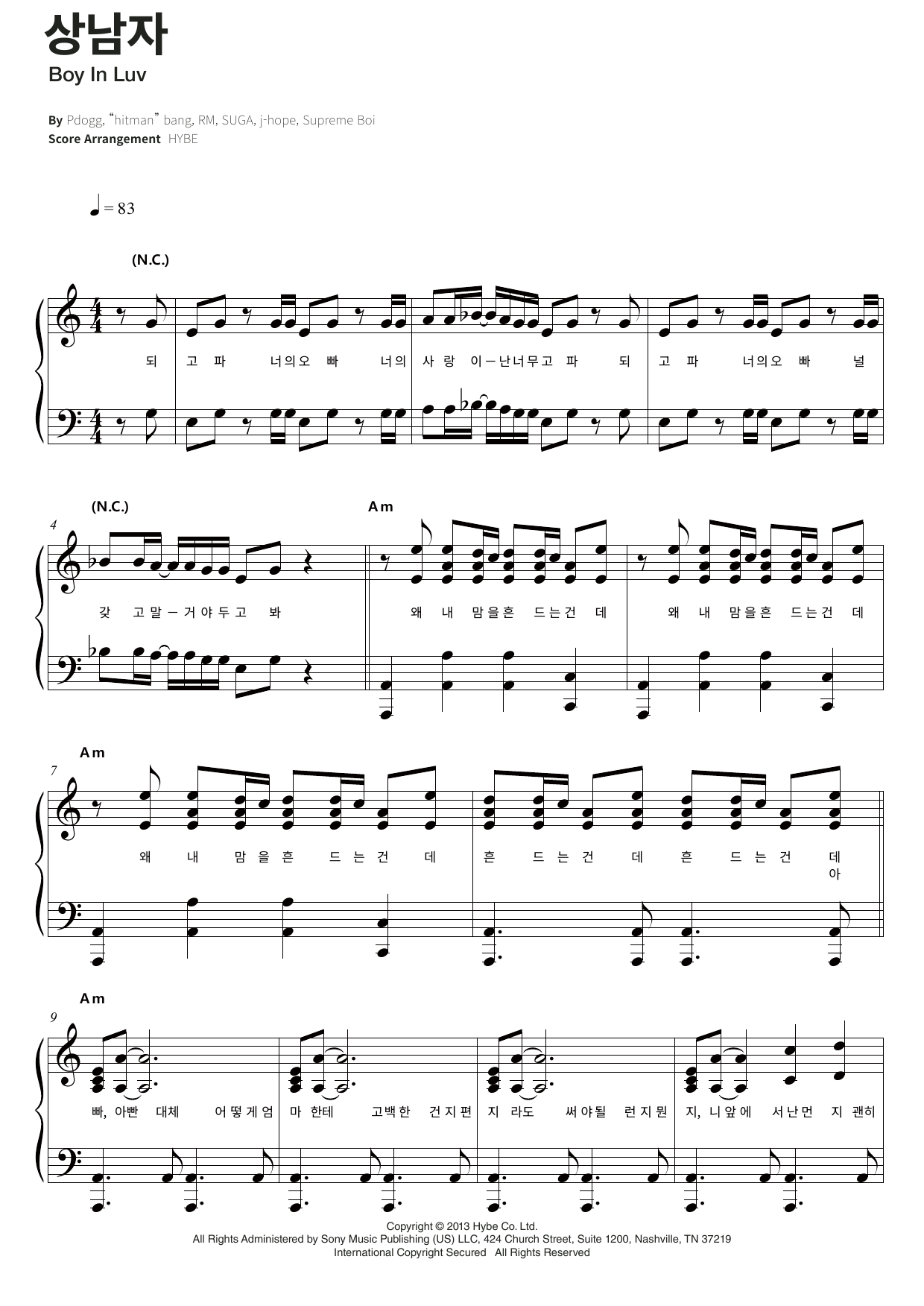 BTS Boy In Luv Sheet Music Notes & Chords for Piano & Lyrics - Download or Print PDF