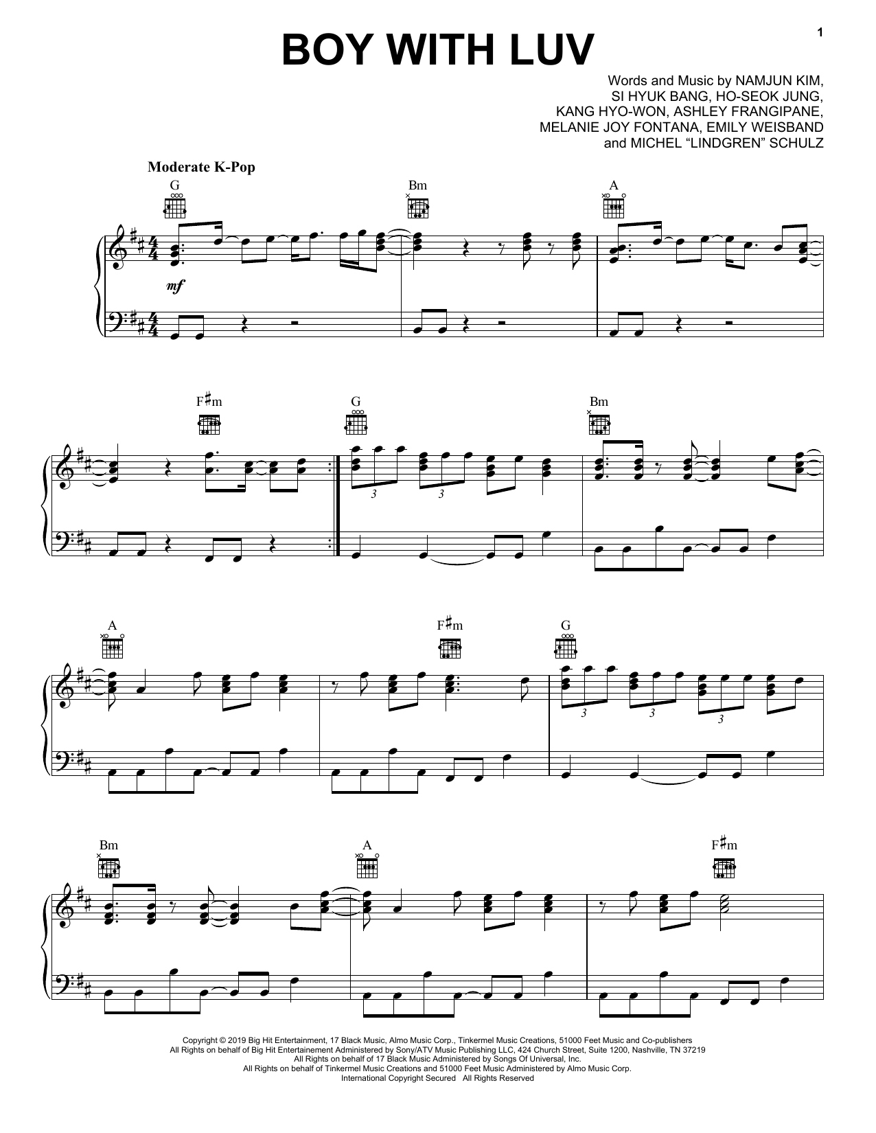 BTS Boy With Luv (feat. Halsey) Sheet Music Notes & Chords for Piano Solo - Download or Print PDF