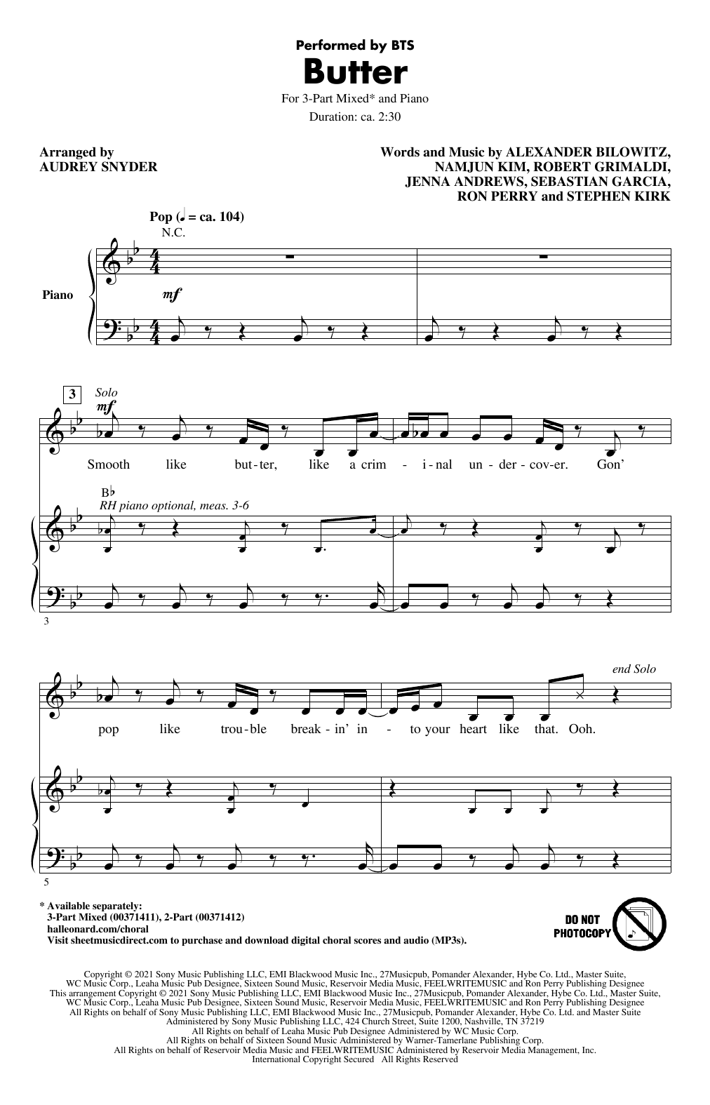 BTS Butter (arr. Audrey Snyder) Sheet Music Notes & Chords for 3-Part Mixed Choir - Download or Print PDF
