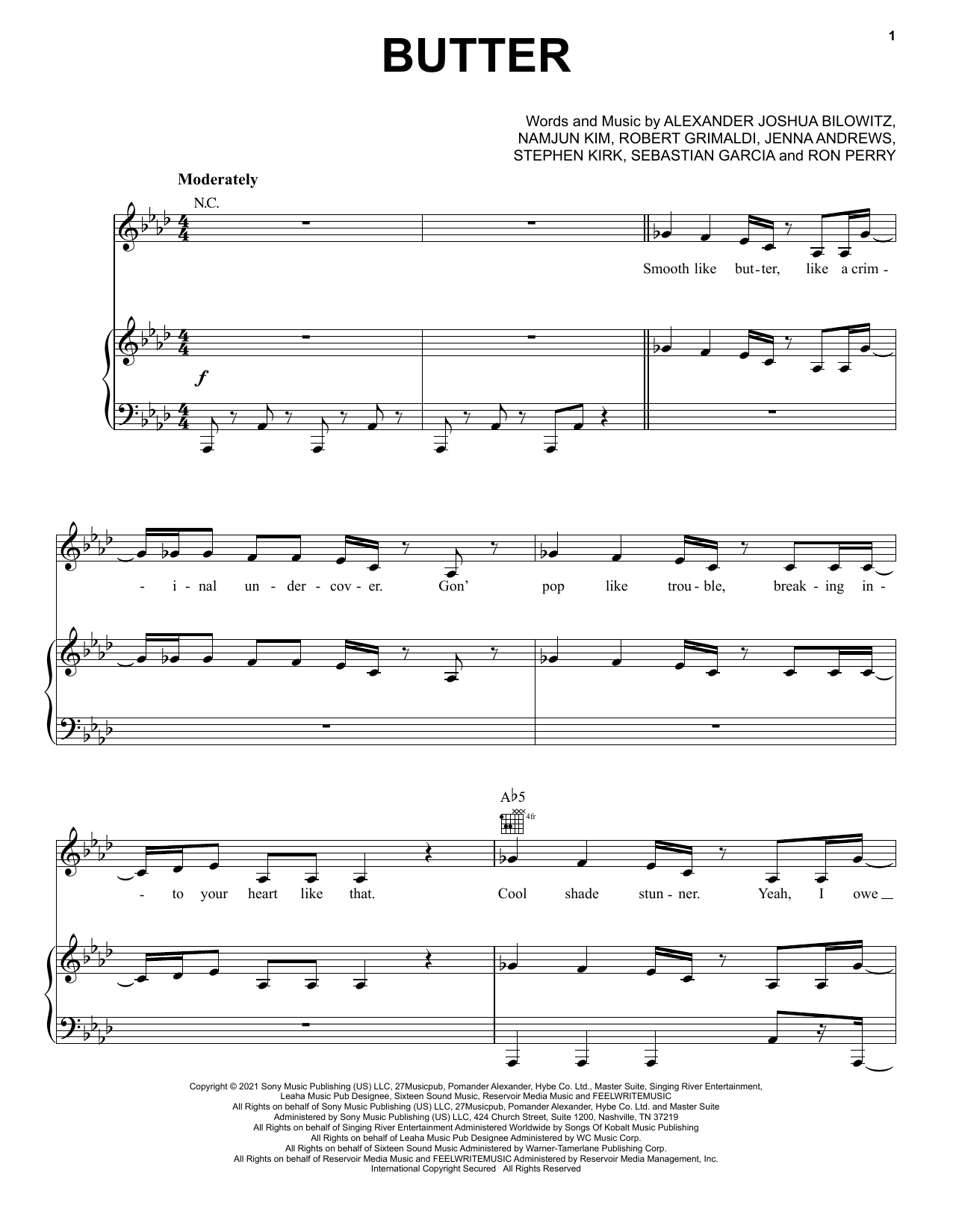 BTS Butter Sheet Music Notes & Chords for Piano, Vocal & Guitar Chords (Right-Hand Melody) - Download or Print PDF
