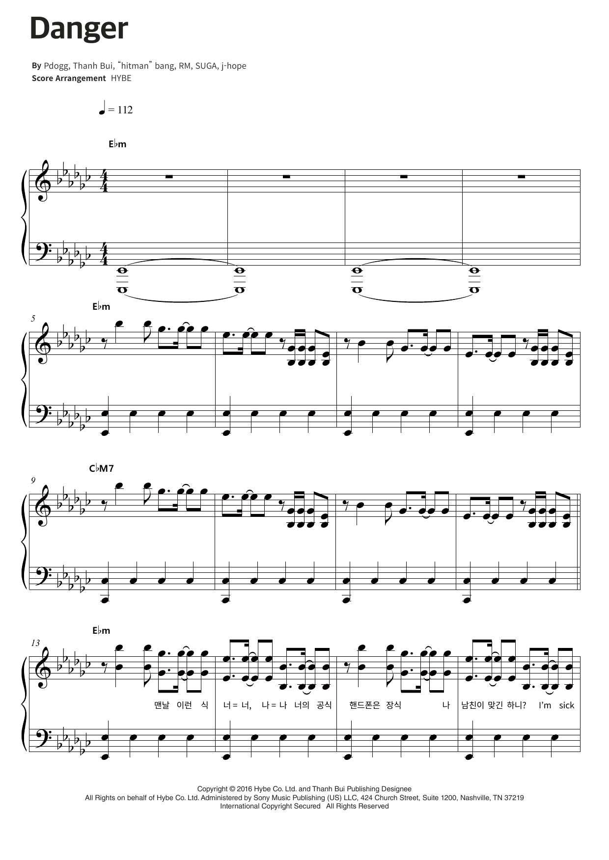BTS Danger Sheet Music Notes & Chords for Piano & Lyrics - Download or Print PDF