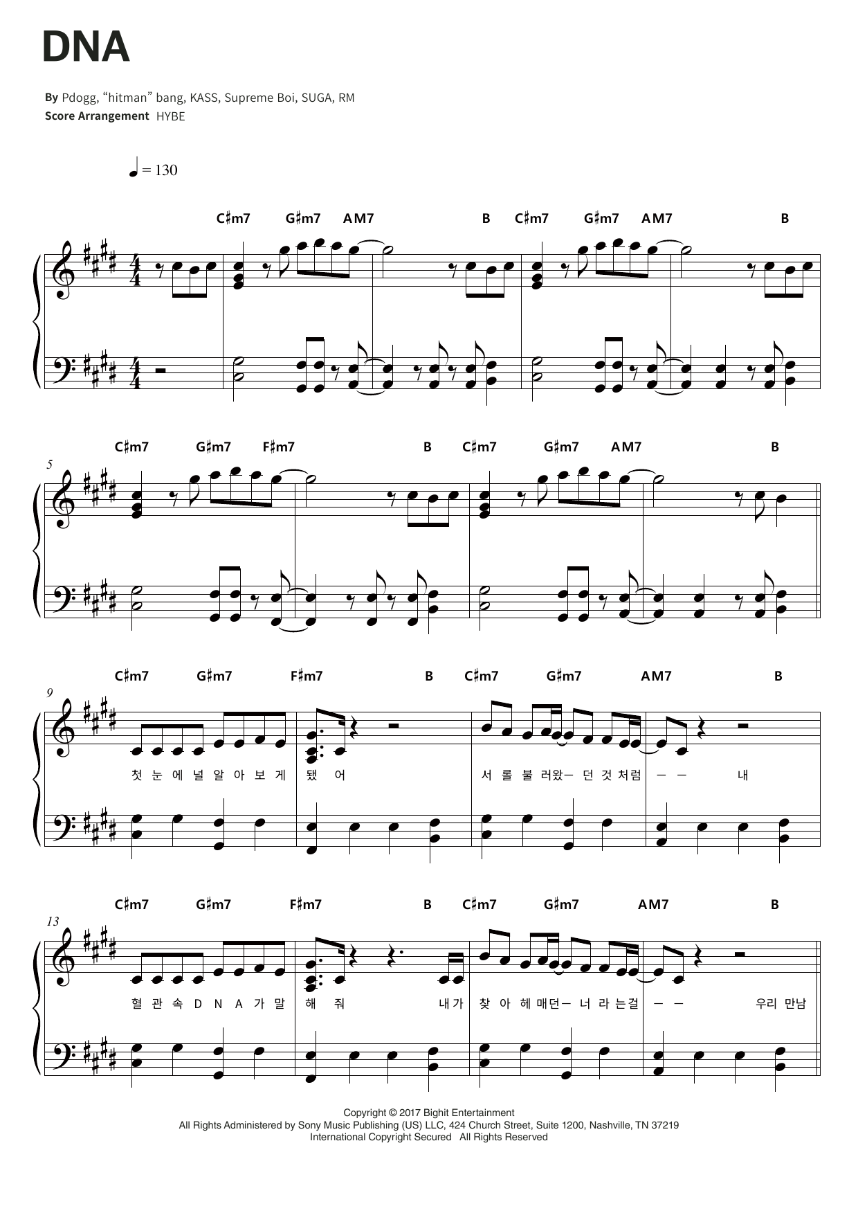 BTS DNA Sheet Music Notes & Chords for Piano & Lyrics - Download or Print PDF