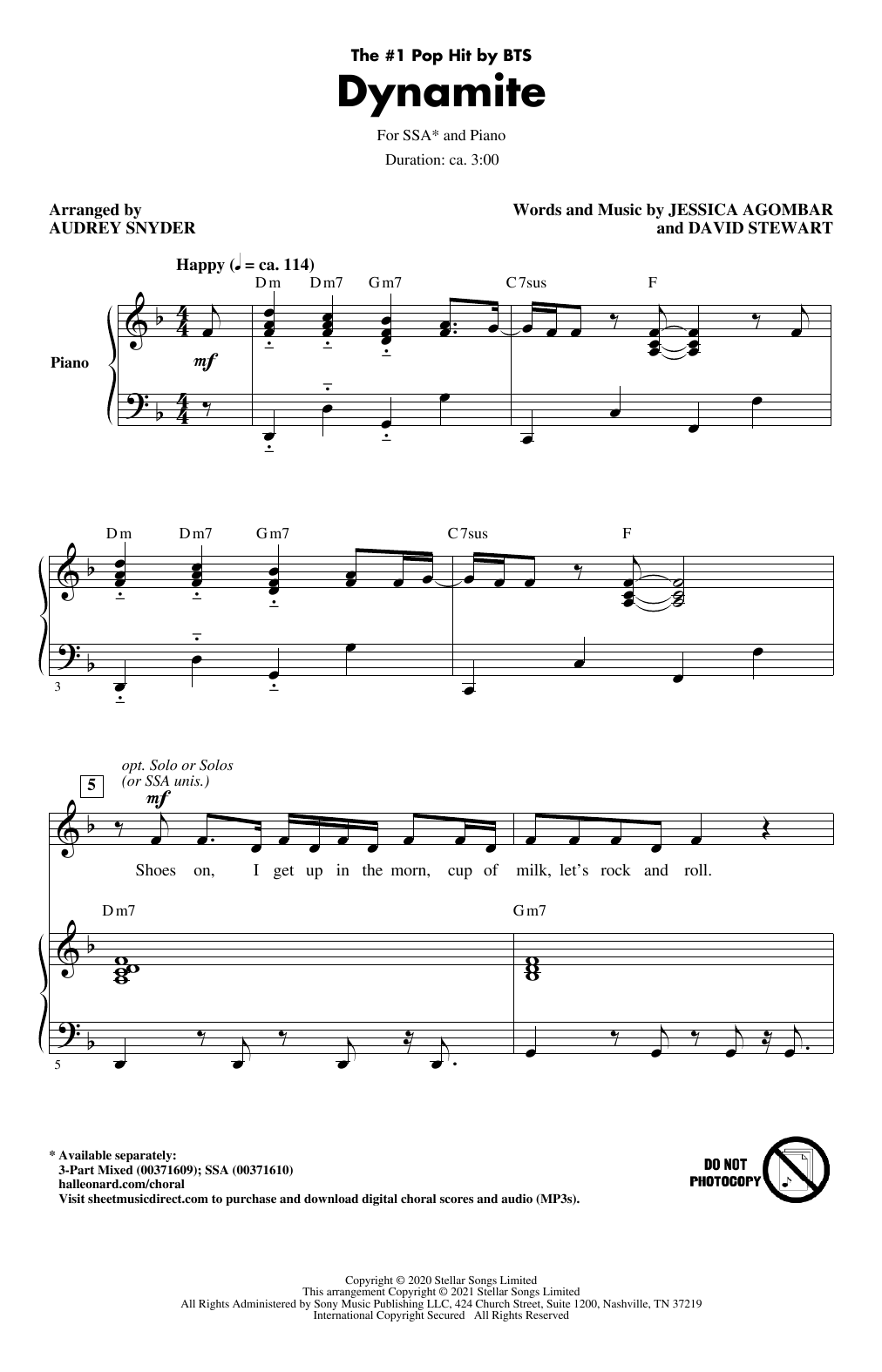 BTS Dynamite (arr. Audrey Snyder) Sheet Music Notes & Chords for SSA Choir - Download or Print PDF