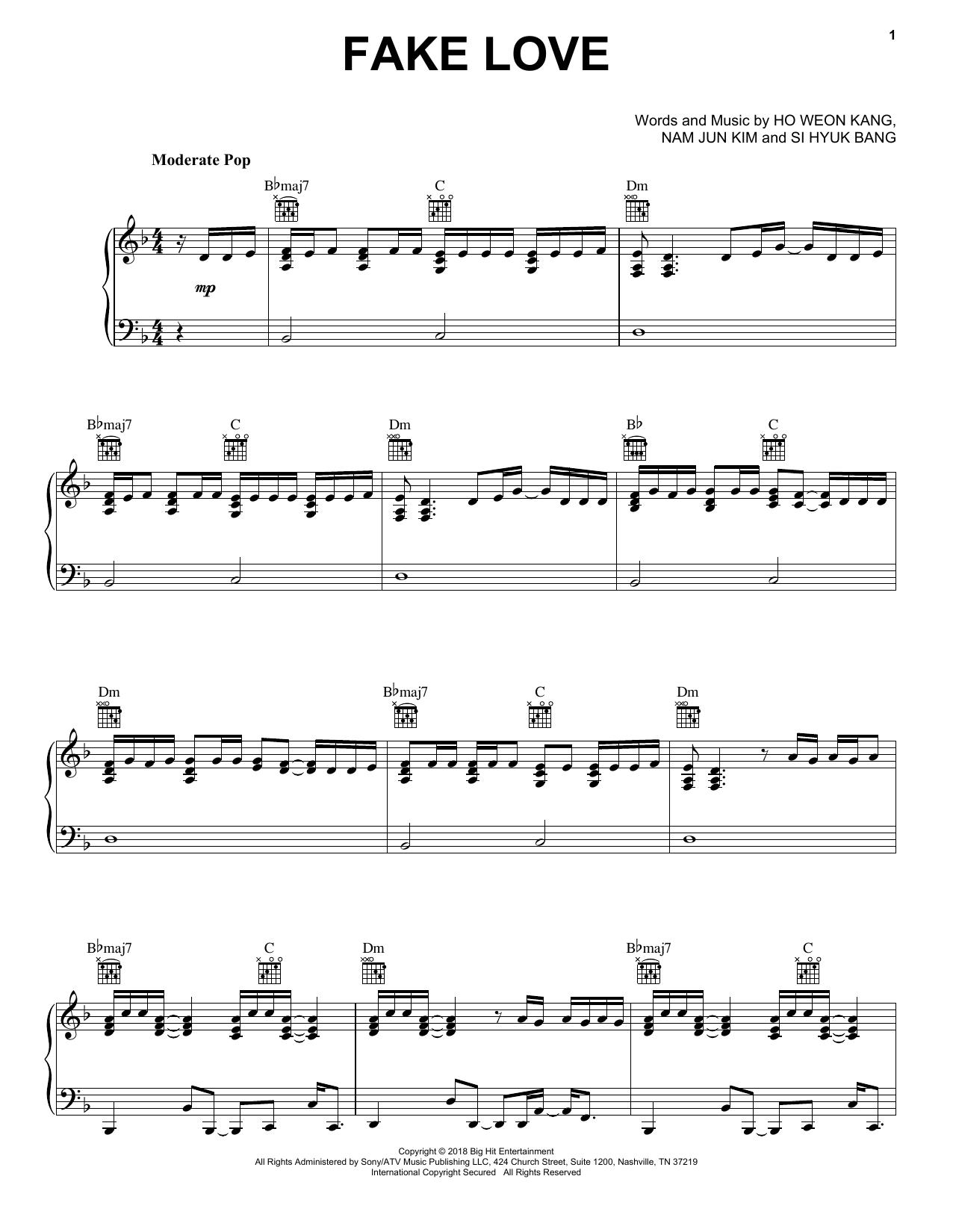 BTS Fake Love Sheet Music Notes & Chords for Piano - Download or Print PDF
