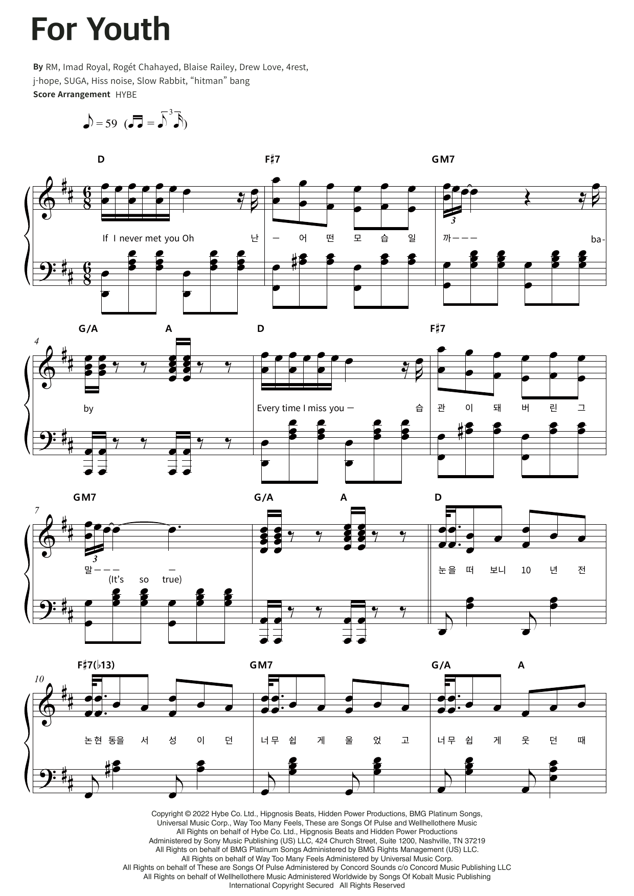 BTS For Youth Sheet Music Notes & Chords for Piano & Lyrics - Download or Print PDF