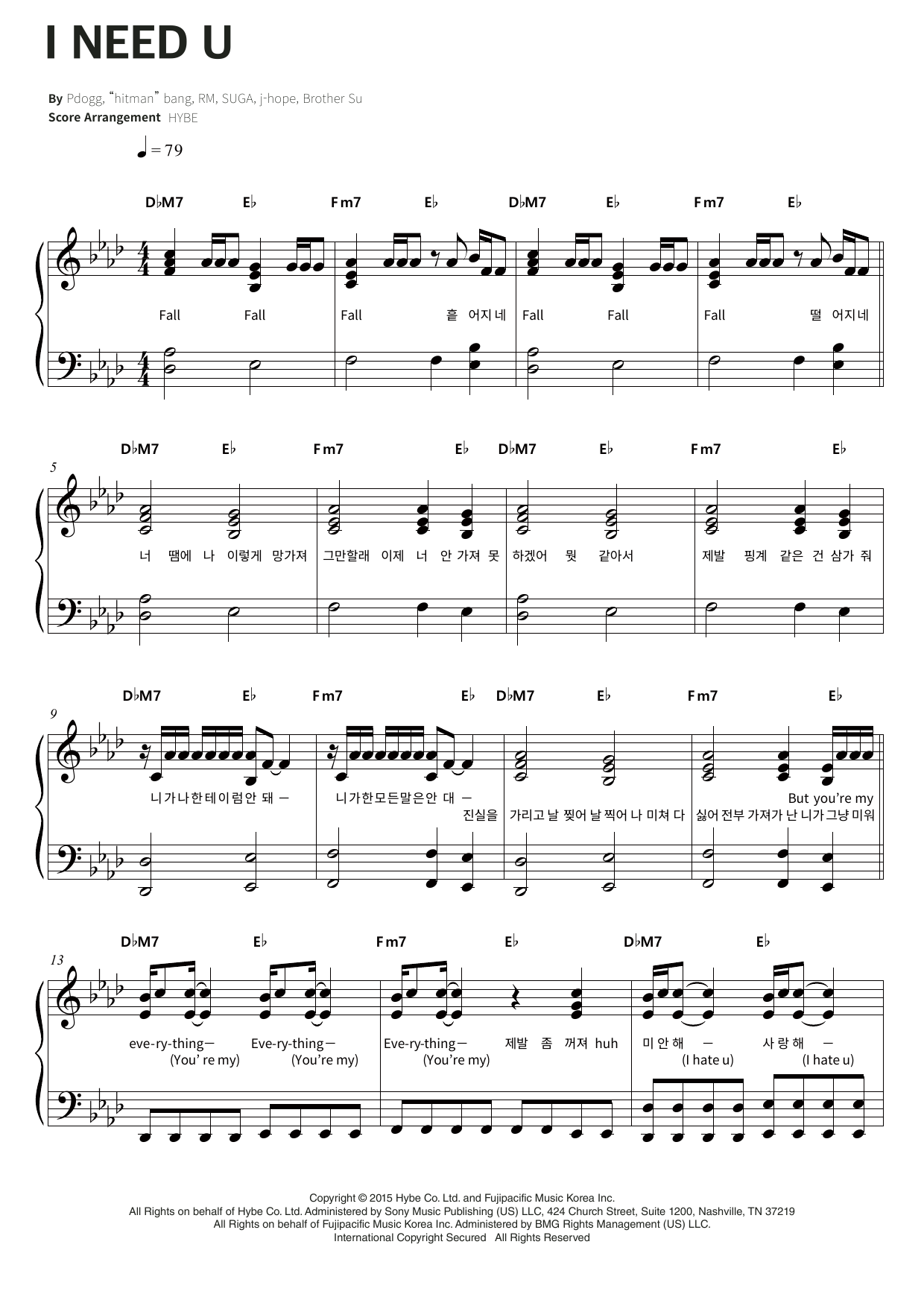 BTS I Need U Sheet Music Notes & Chords for Piano & Lyrics - Download or Print PDF