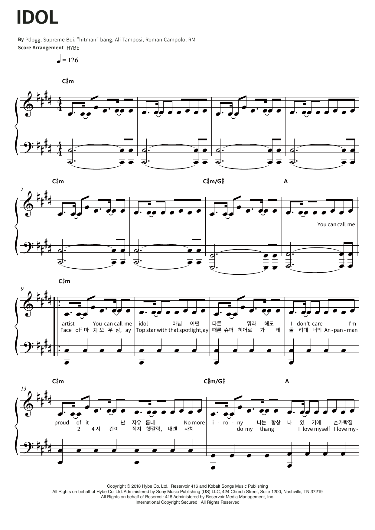 BTS Idol Sheet Music Notes & Chords for Piano & Lyrics - Download or Print PDF