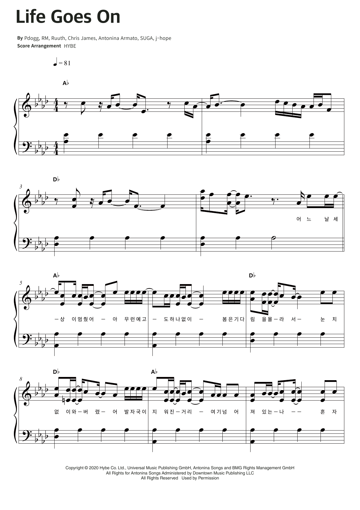 BTS Life Goes On Sheet Music Notes & Chords for Piano & Lyrics - Download or Print PDF