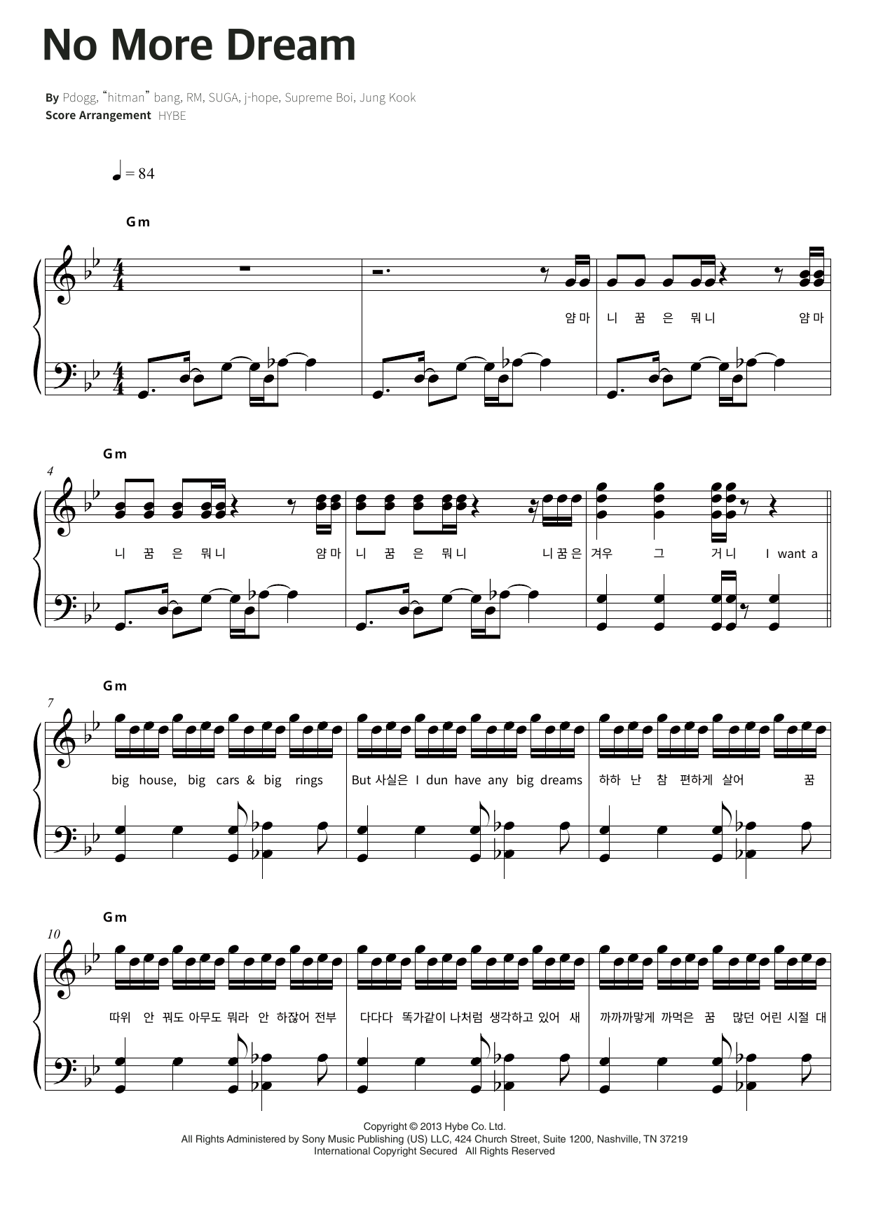 BTS No More Dream Sheet Music Notes & Chords for Piano & Lyrics - Download or Print PDF