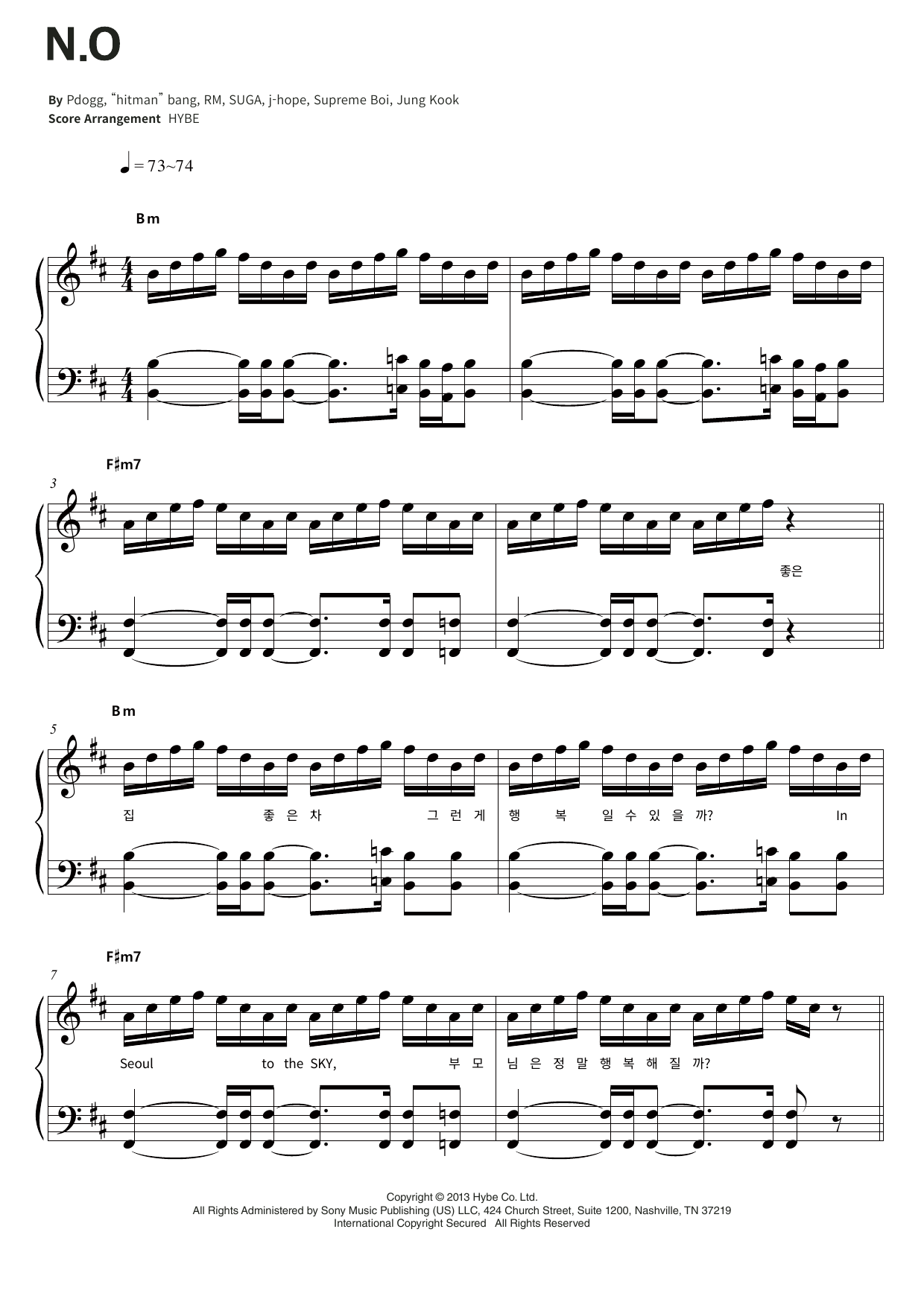 BTS N.O Sheet Music Notes & Chords for Piano & Lyrics - Download or Print PDF