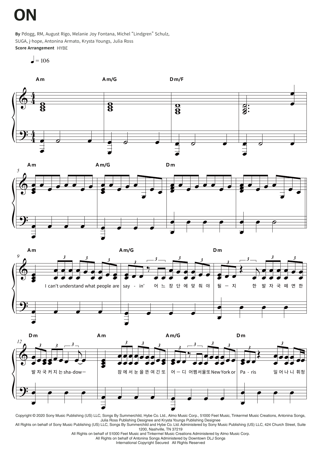 BTS On Sheet Music Notes & Chords for Piano & Lyrics - Download or Print PDF