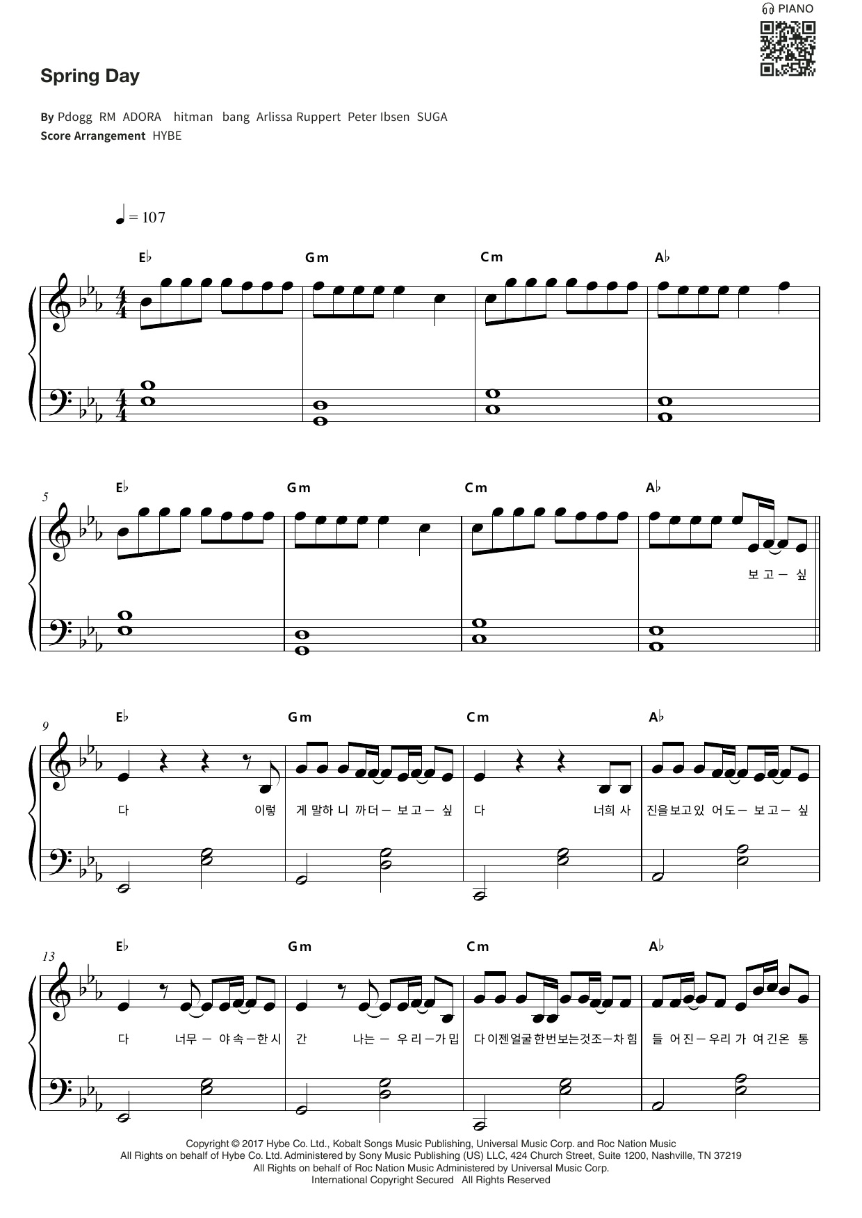 BTS Spring Day Sheet Music Notes & Chords for Easy Piano - Download or Print PDF