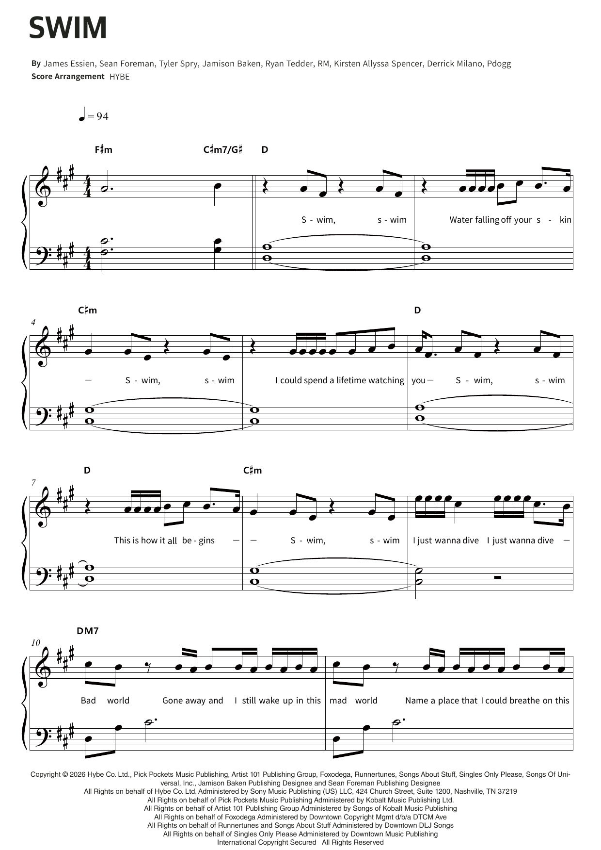 BTS SWIM Sheet Music Notes & Chords for Easy Piano - Download or Print PDF