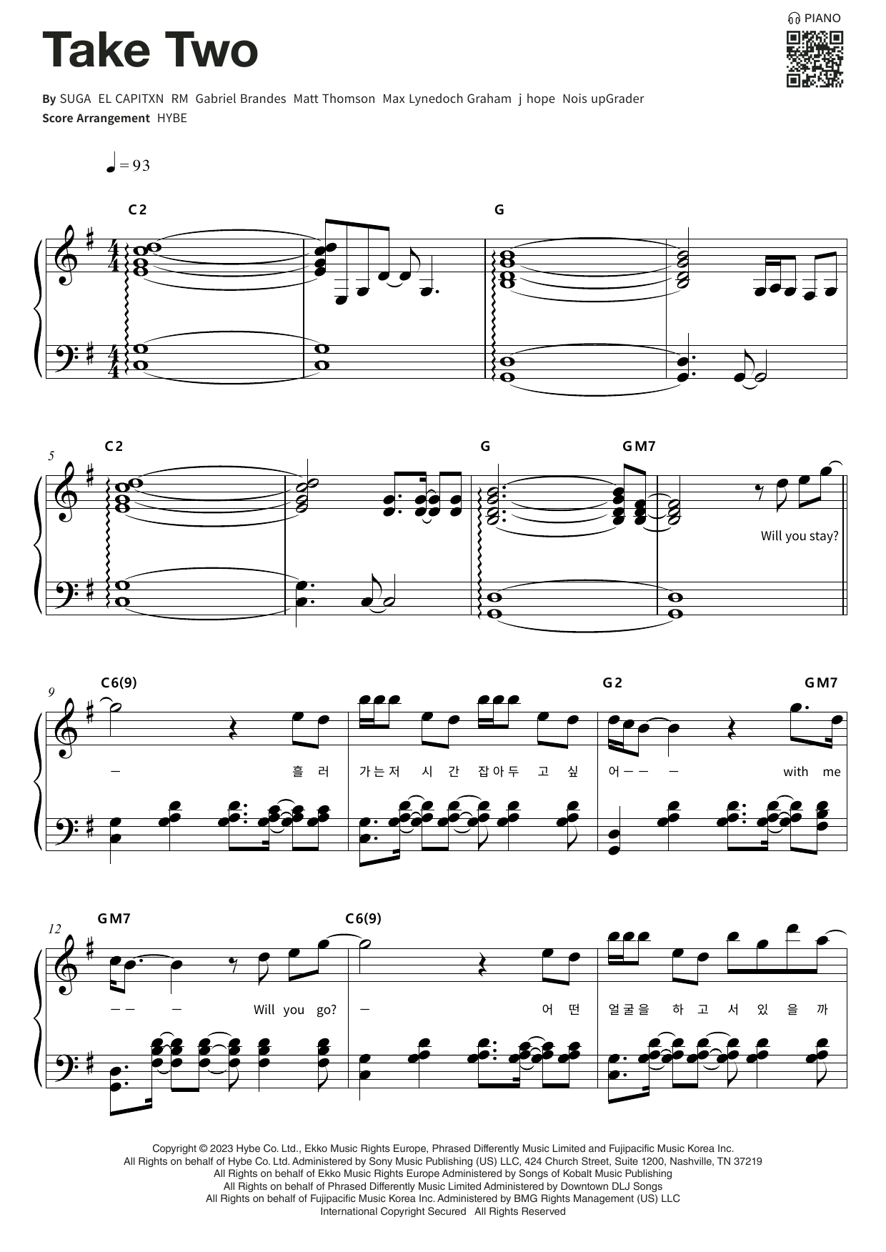 BTS Take Two Sheet Music Notes & Chords for Piano & Lyrics - Download or Print PDF