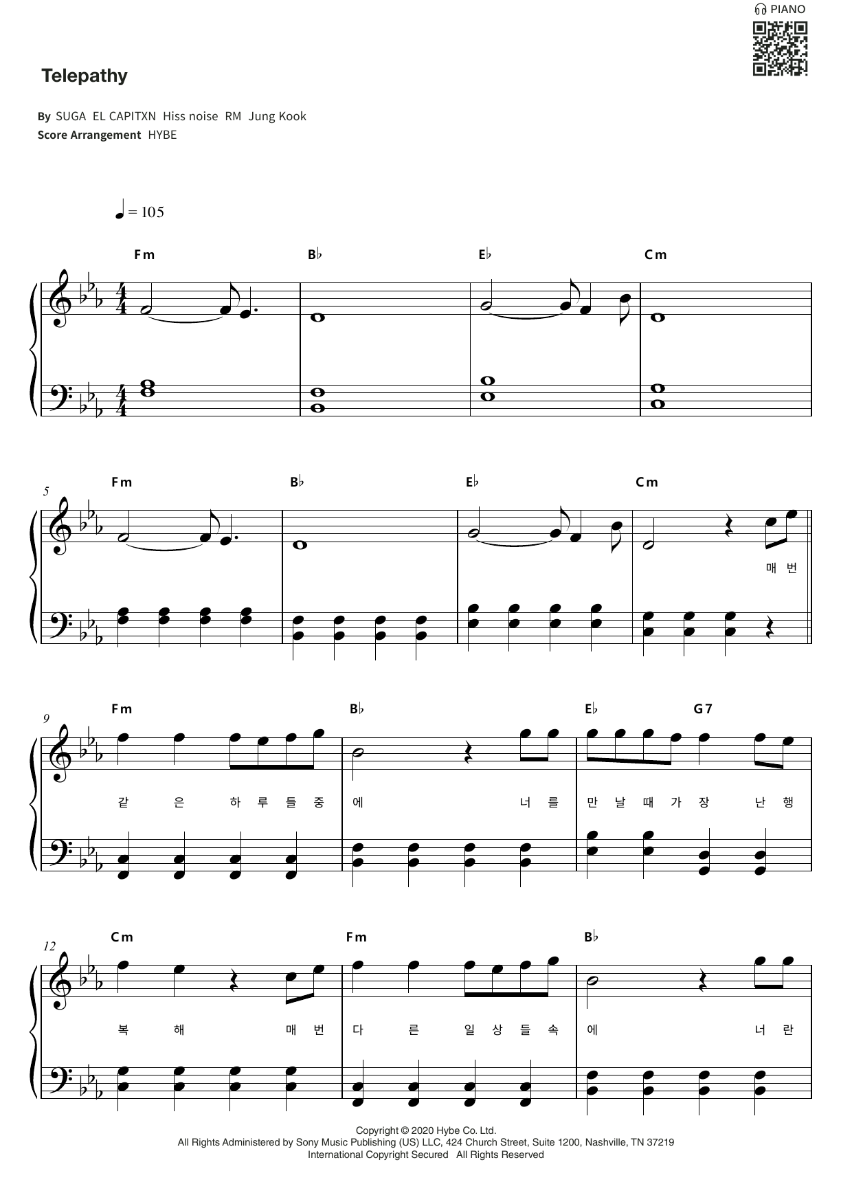 BTS Telepathy Sheet Music Notes & Chords for Piano & Lyrics - Download or Print PDF