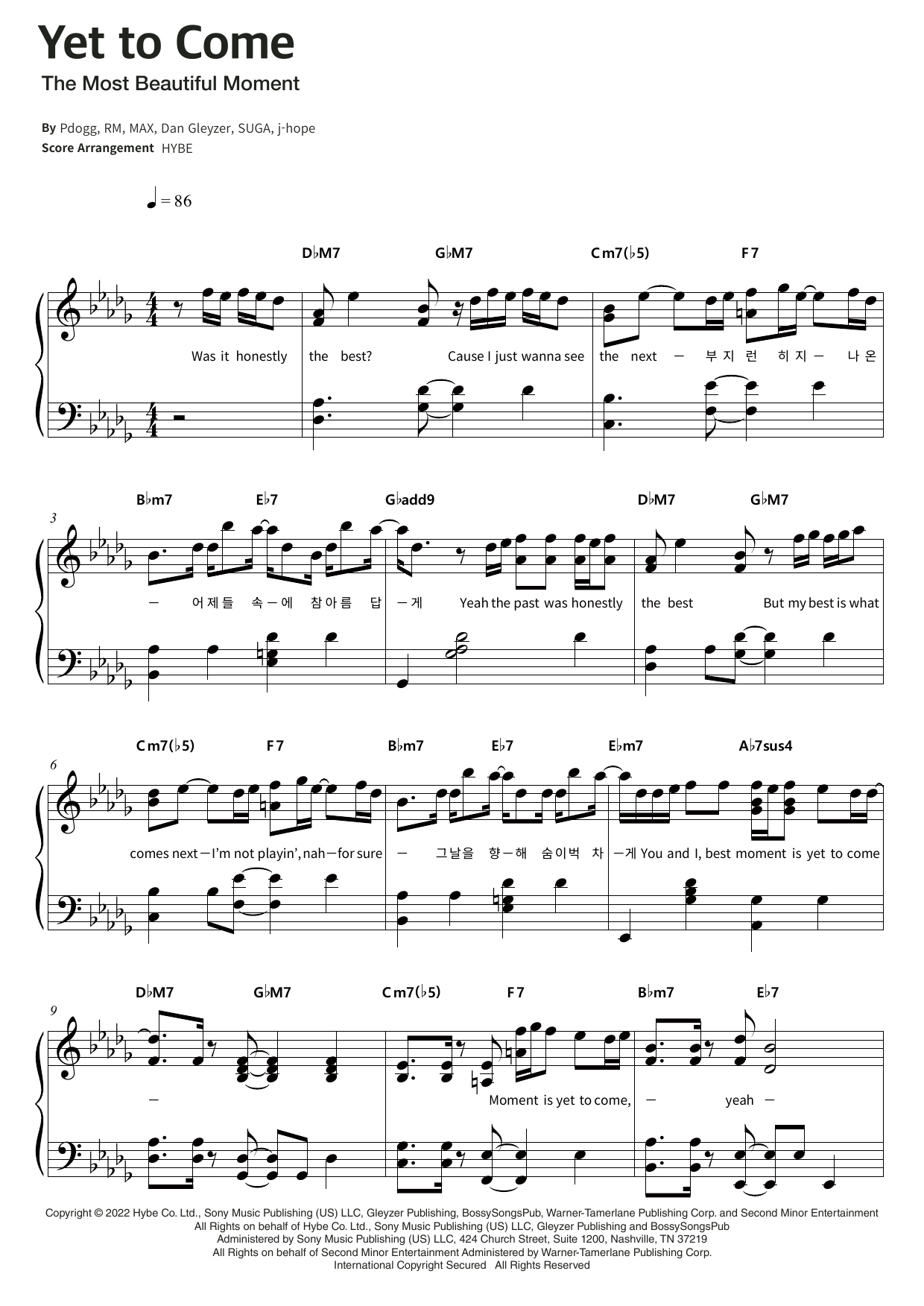 BTS Yet To Come Sheet Music Notes & Chords for Piano & Lyrics - Download or Print PDF