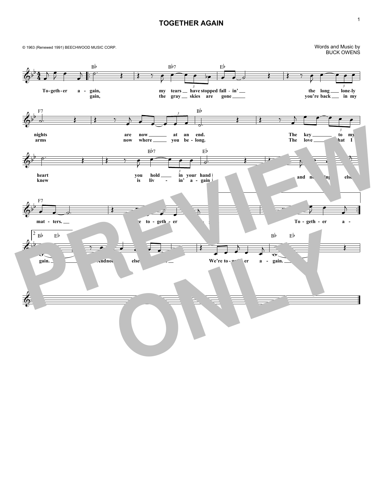 Buck Owens Together Again Sheet Music Notes & Chords for Melody Line, Lyrics & Chords - Download or Print PDF