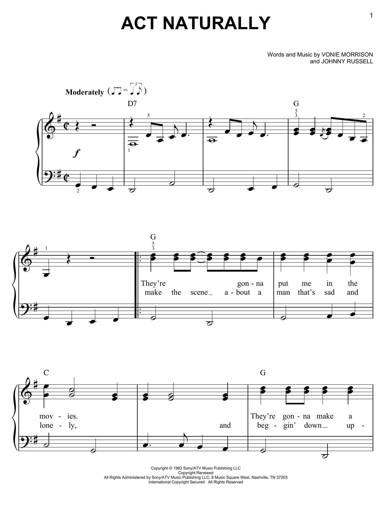 Preview Buck Owens Act Naturally Country sheet music, notes and chords for Easy Piano, SKU: 64294 Act Naturally sheet music