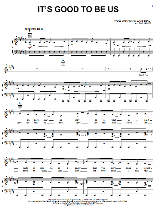 Bucky Covington It's Good To Be Us Sheet Music Notes & Chords for Piano, Vocal & Guitar (Right-Hand Melody) - Download or Print PDF