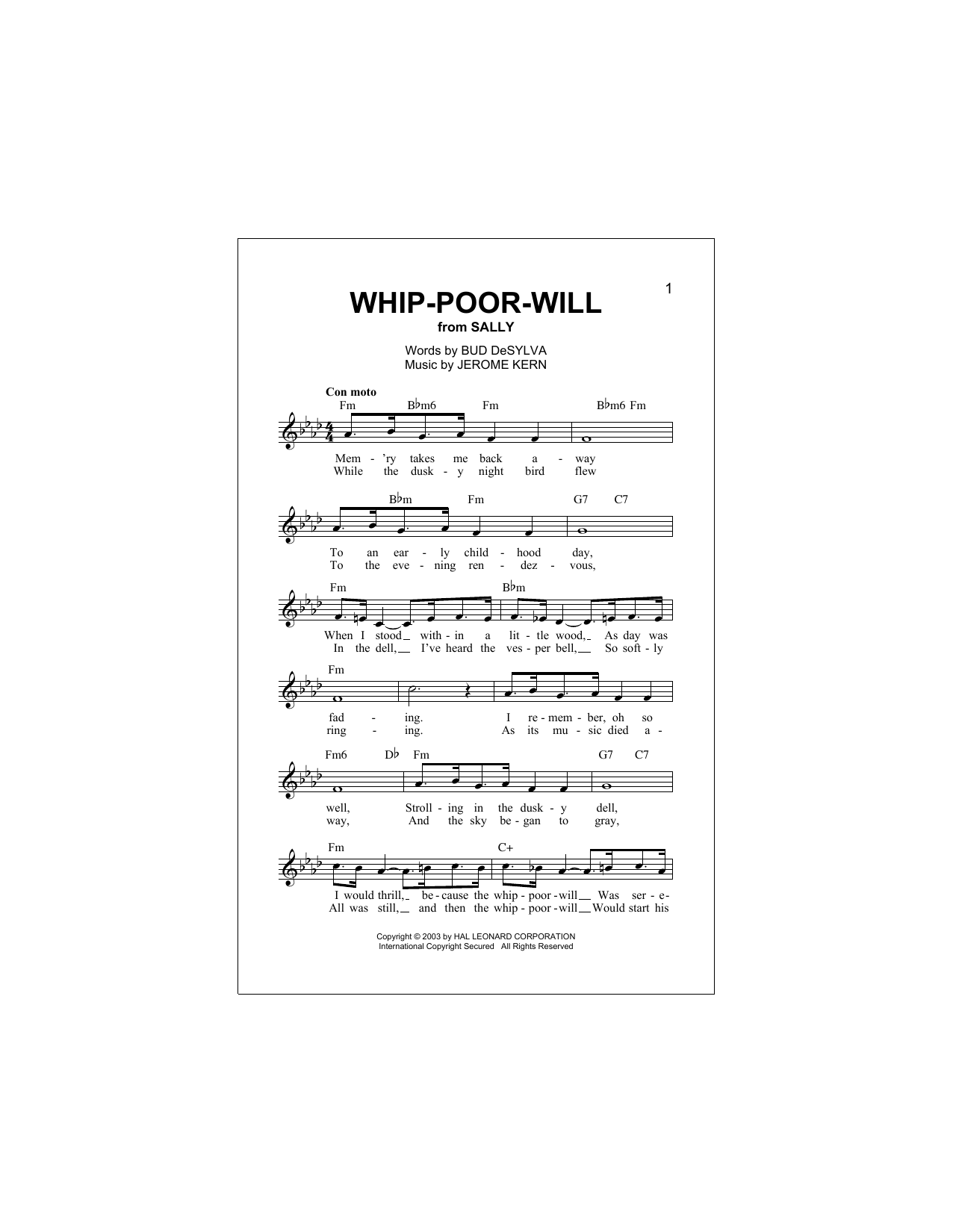 Buddy DeSylva Whip-Poor-Will Sheet Music Notes & Chords for Melody Line, Lyrics & Chords - Download or Print PDF