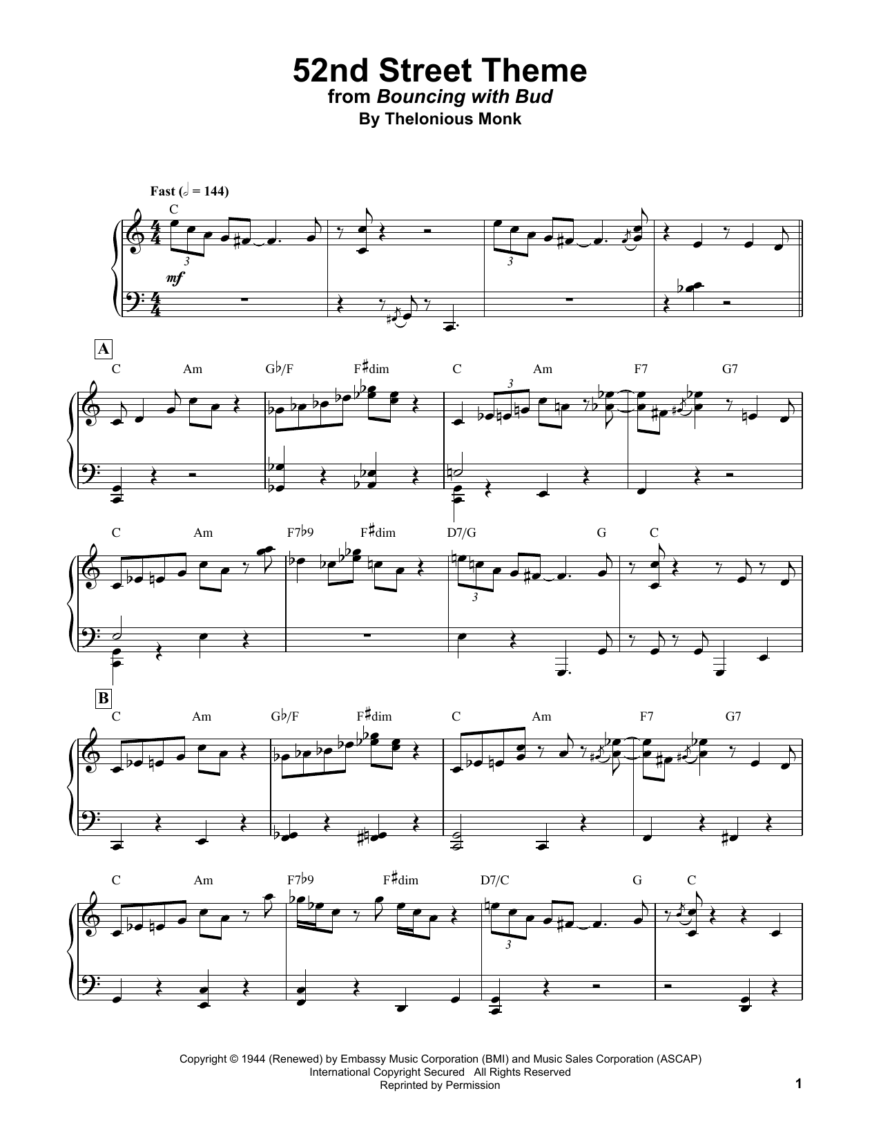 Bud Powell 52nd Street Theme Sheet Music Notes & Chords for Piano Transcription - Download or Print PDF