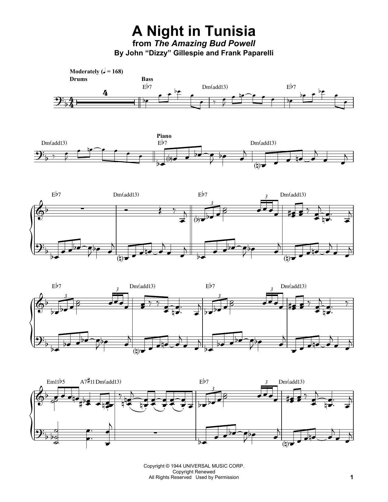 Bud Powell A Night In Tunisia Sheet Music Notes & Chords for Piano Transcription - Download or Print PDF