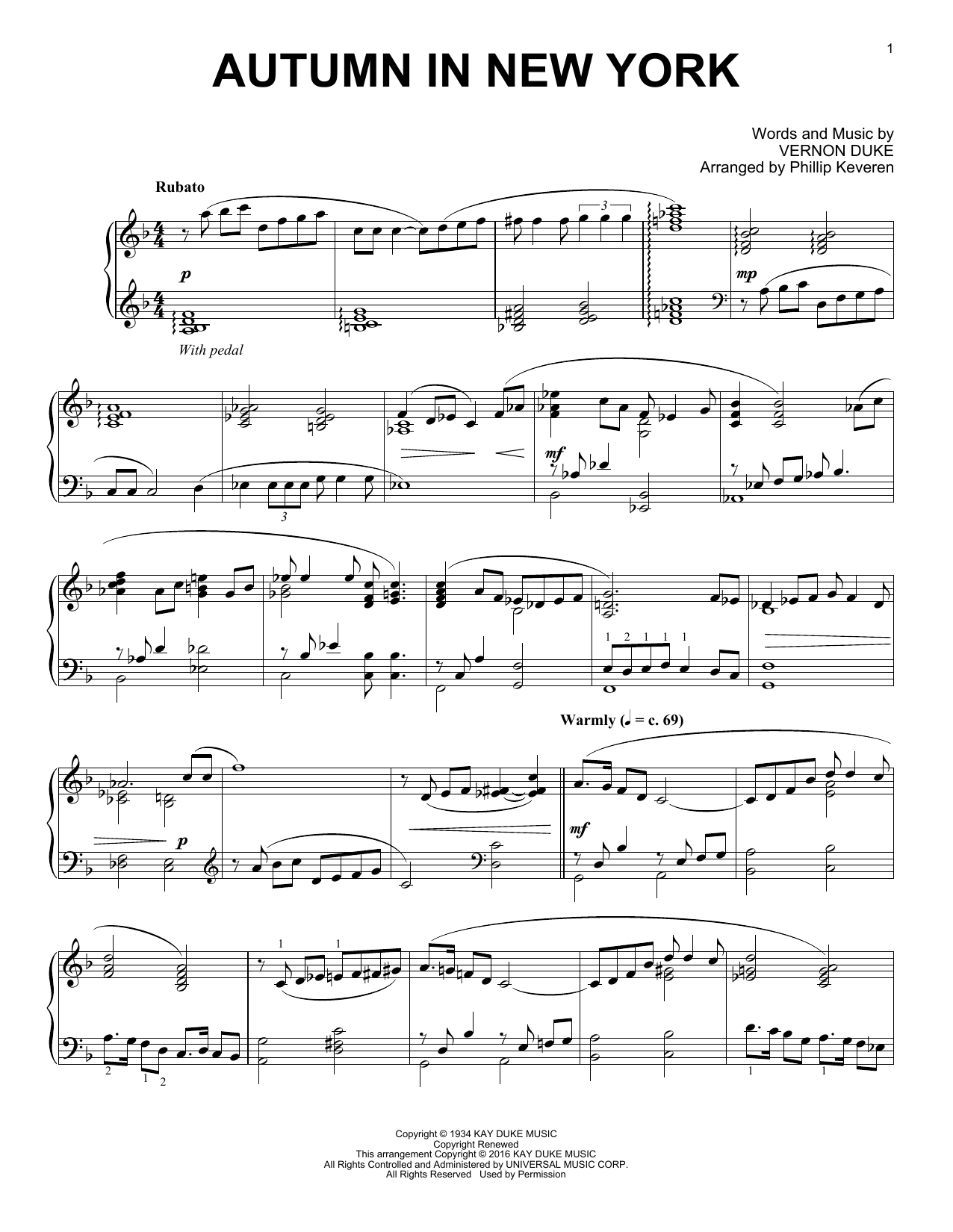 Phillip Keveren Autumn In New York Sheet Music Notes & Chords for Piano - Download or Print PDF