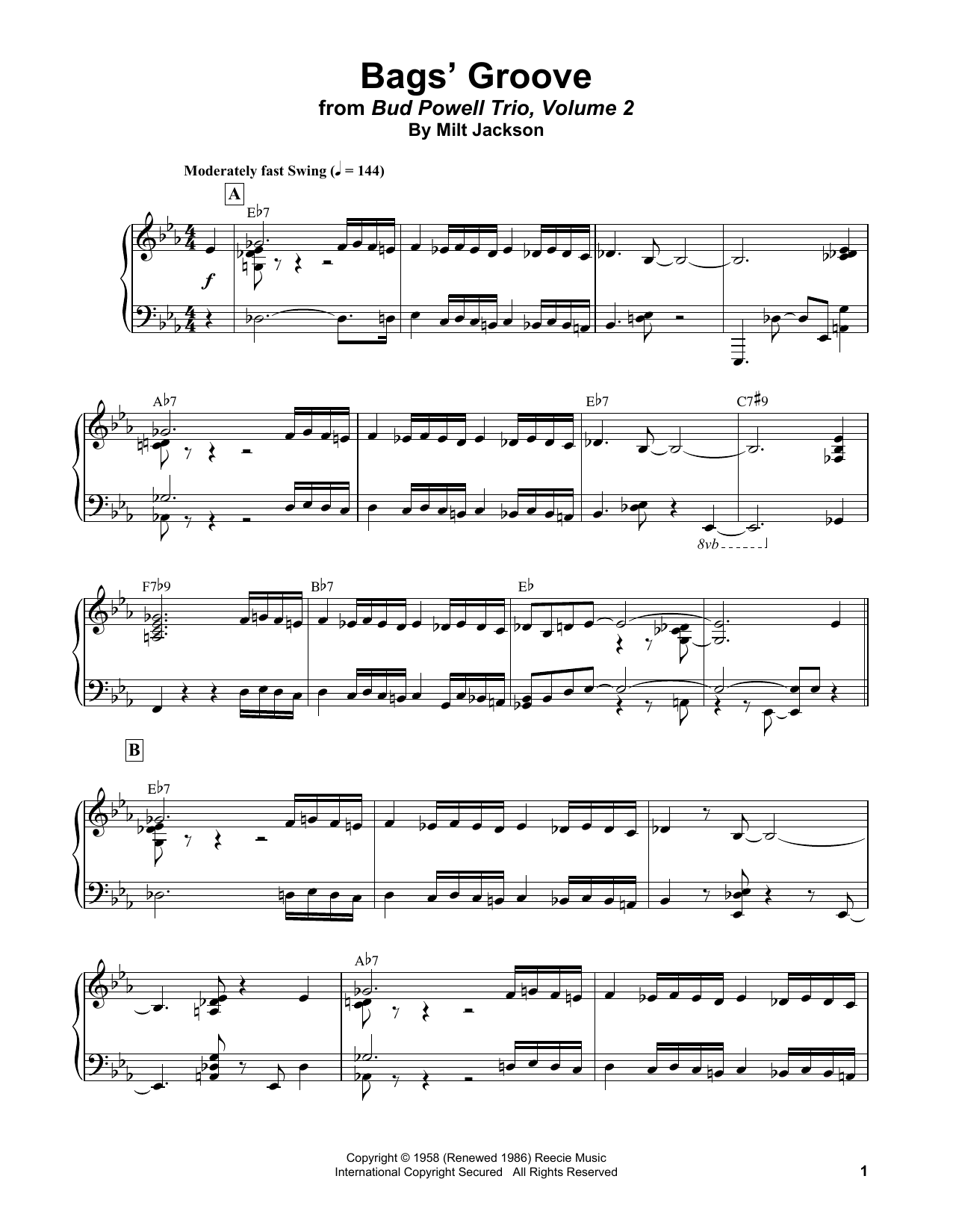 Bud Powell Bags' Groove Sheet Music Notes & Chords for Piano Transcription - Download or Print PDF