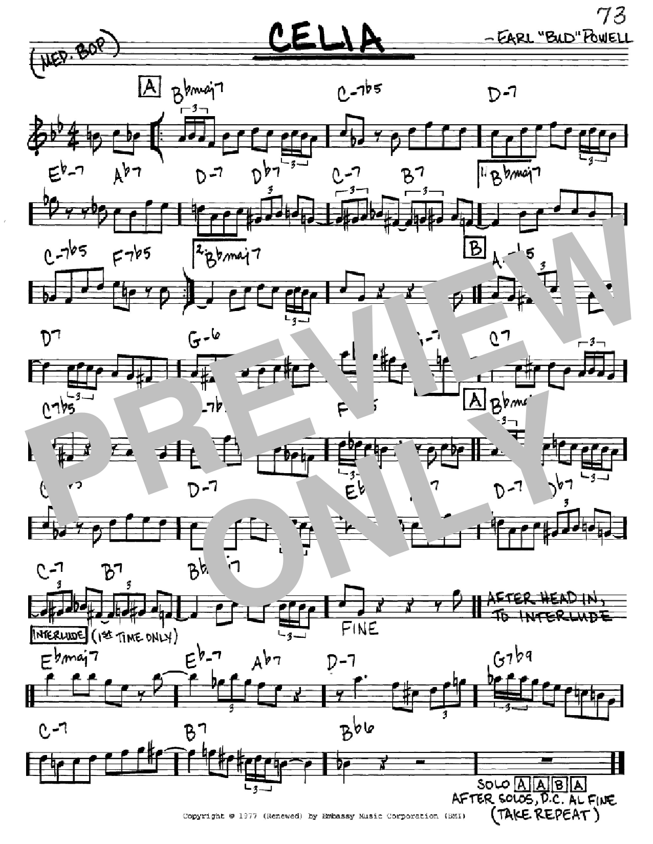 Bud Powell Celia Sheet Music Notes & Chords for Real Book - Melody & Chords - C Instruments - Download or Print PDF