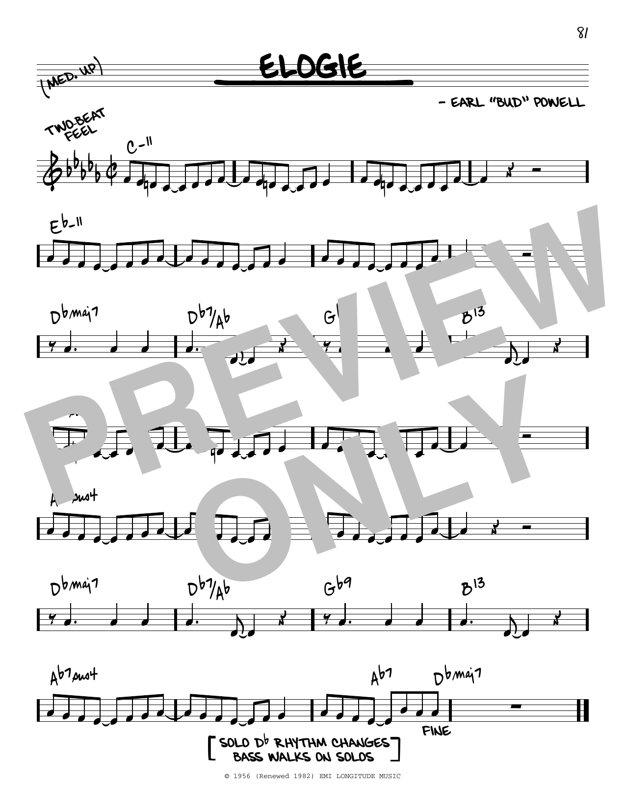 Bud Powell Elogie Sheet Music Notes & Chords for Real Book - Melody & Chords - C Instruments - Download or Print PDF