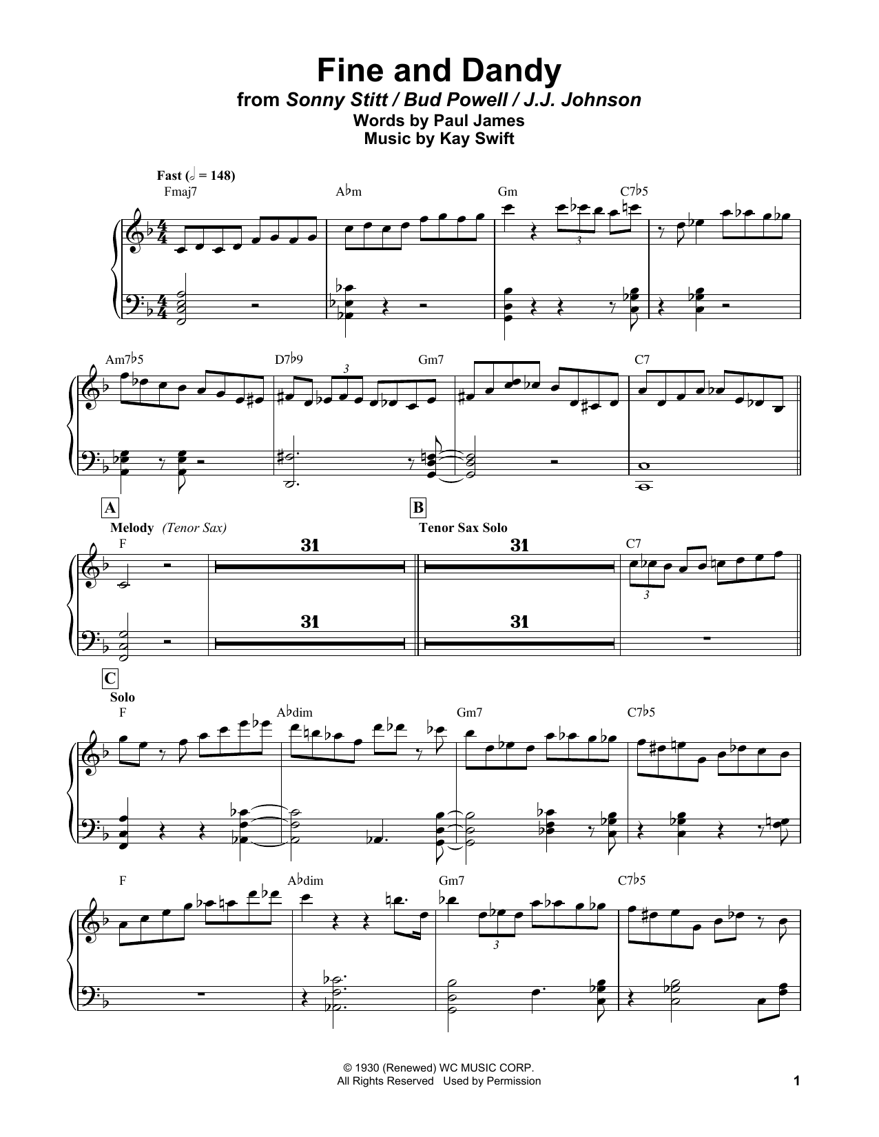 Bud Powell Fine And Dandy Sheet Music Notes & Chords for Piano Transcription - Download or Print PDF