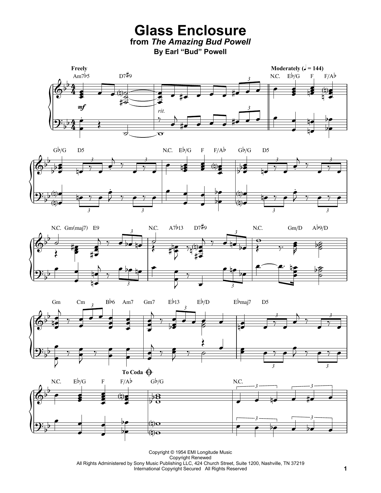 Bud Powell Glass Enclosure Sheet Music Notes & Chords for Piano Transcription - Download or Print PDF