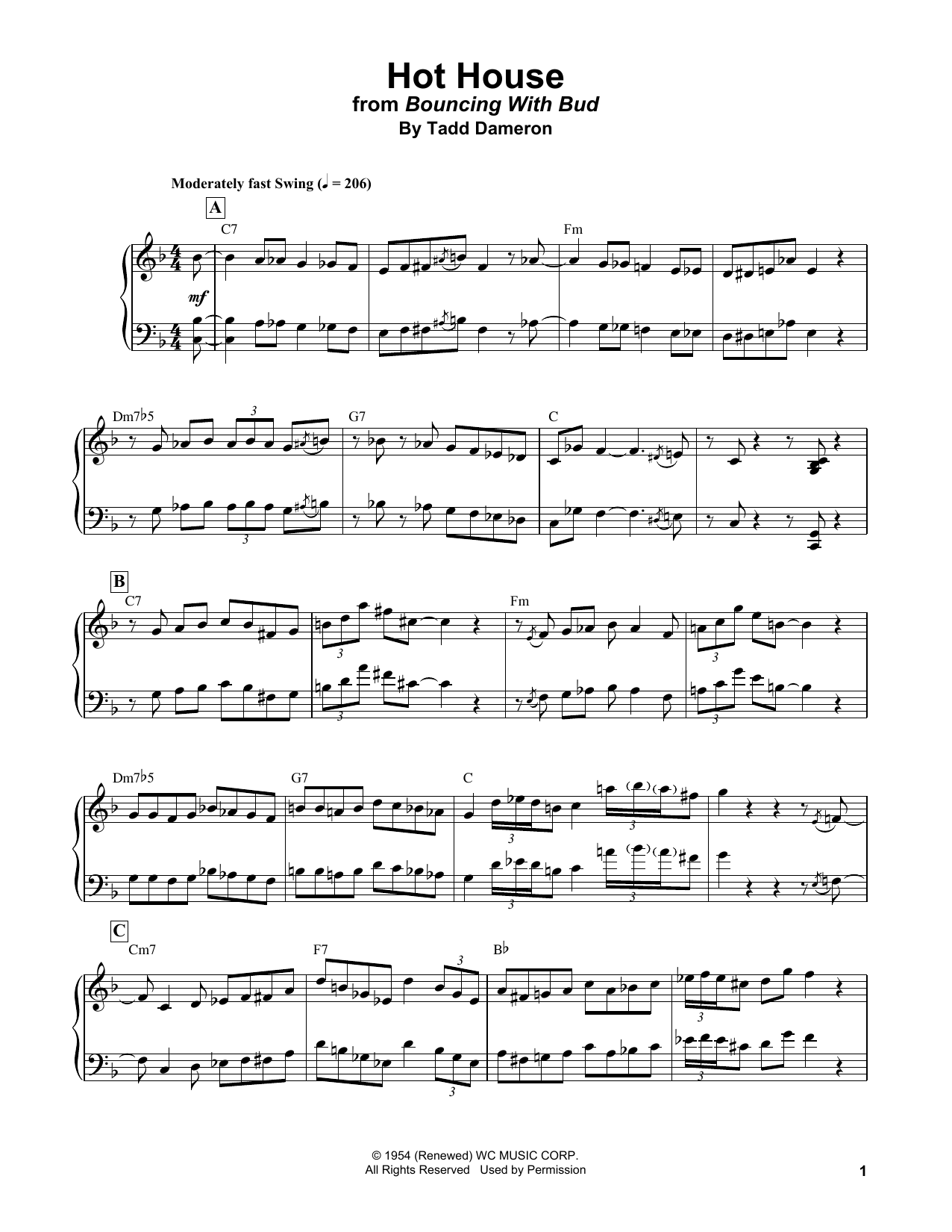 Bud Powell Hot House Sheet Music Notes & Chords for Piano Transcription - Download or Print PDF