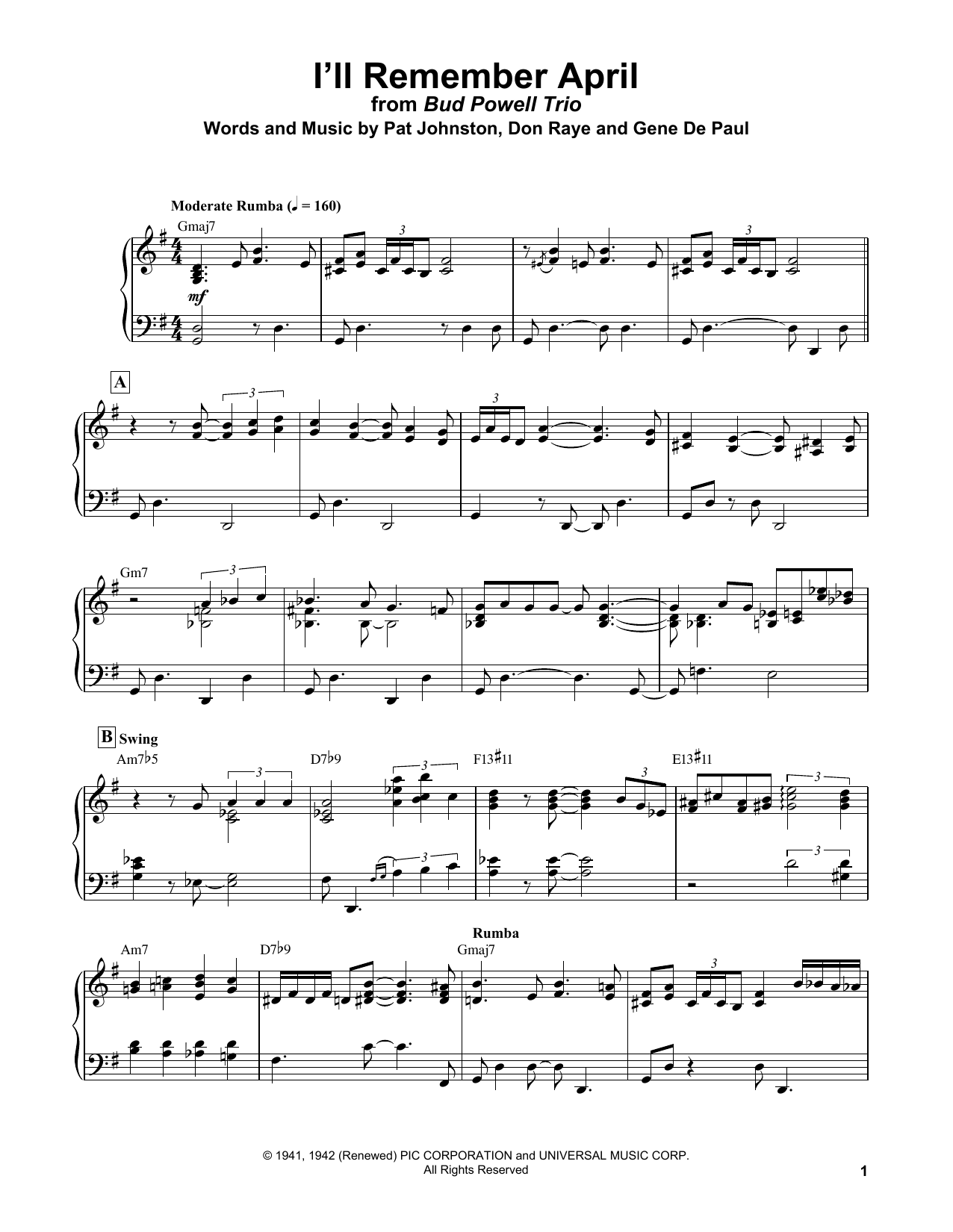 Bud Powell I'll Remember April Sheet Music Notes & Chords for Piano Transcription - Download or Print PDF