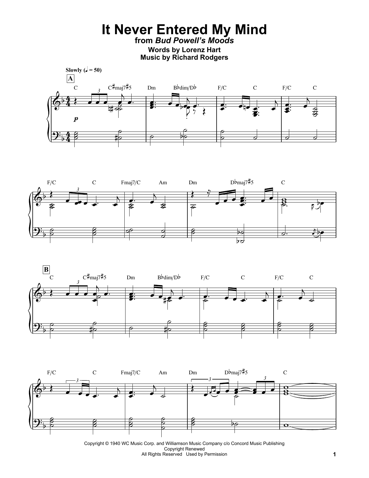 Bud Powell It Never Entered My Mind Sheet Music Notes & Chords for Piano Transcription - Download or Print PDF