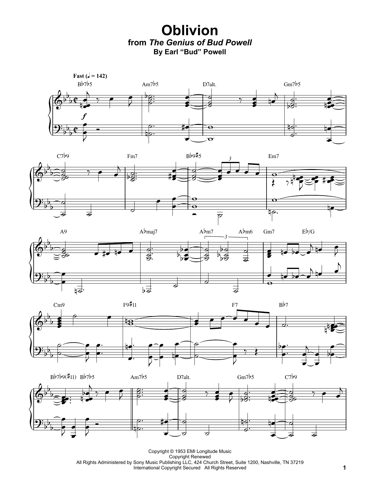 Bud Powell Oblivion Sheet Music Notes & Chords for Real Book – Melody & Chords - Download or Print PDF