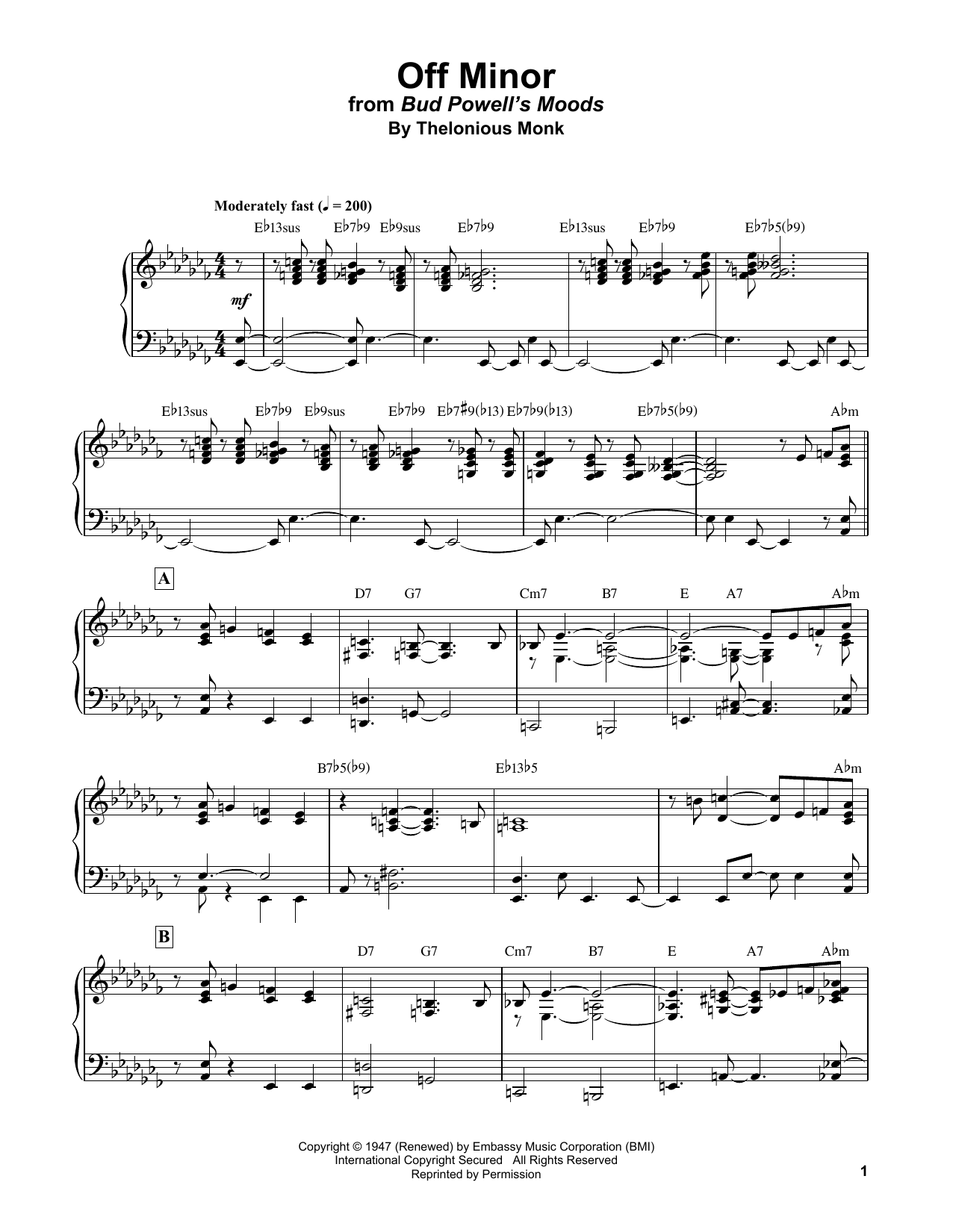 Bud Powell Off Minor Sheet Music Notes & Chords for Piano Transcription - Download or Print PDF