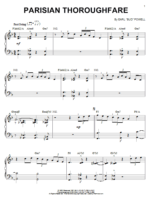 Bud Powell Parisian Thoroughfare Sheet Music Notes & Chords for Real Book - Melody & Chords - Bass Clef Instruments - Download or Print PDF