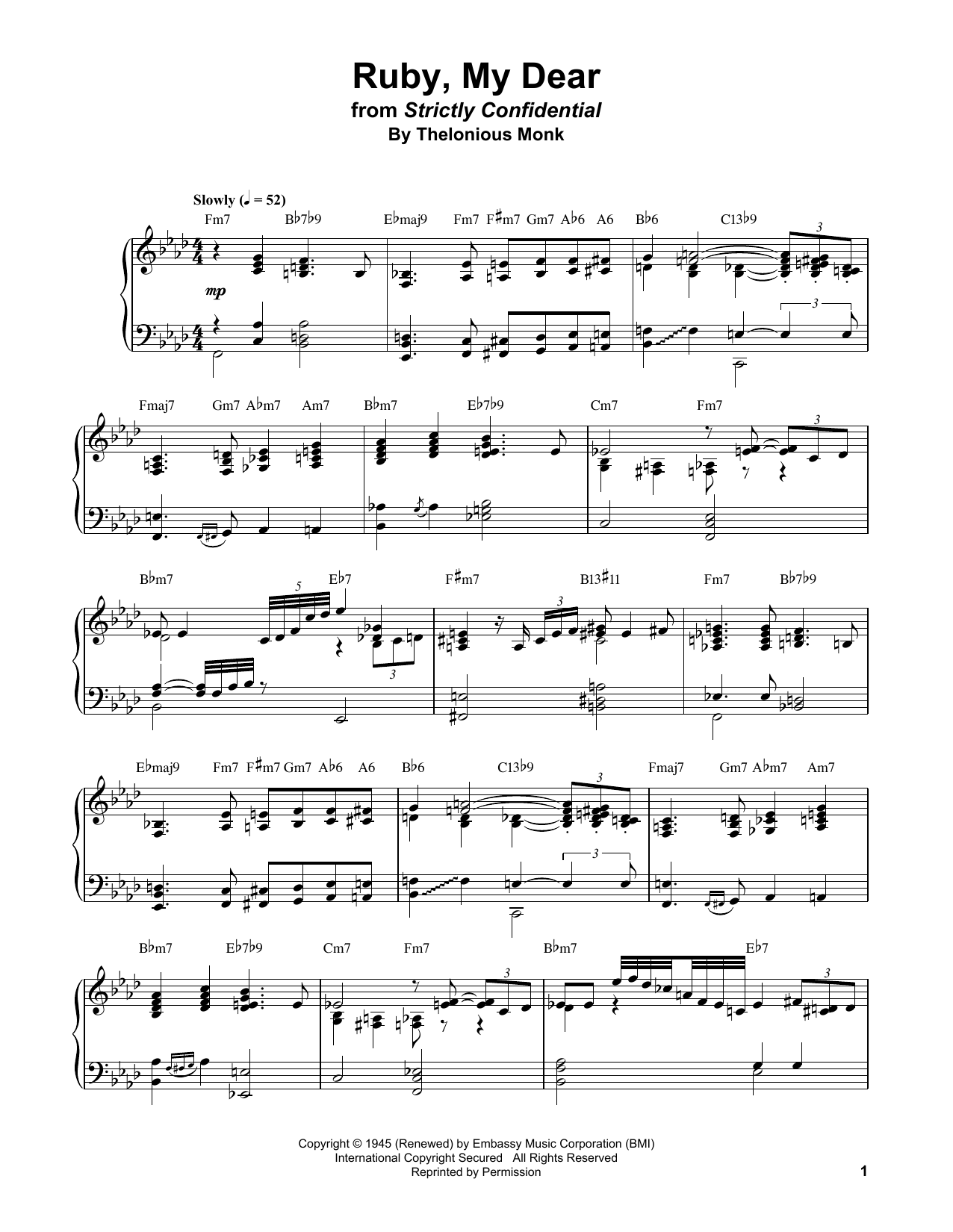 Bud Powell Ruby, My Dear Sheet Music Notes & Chords for Piano Transcription - Download or Print PDF